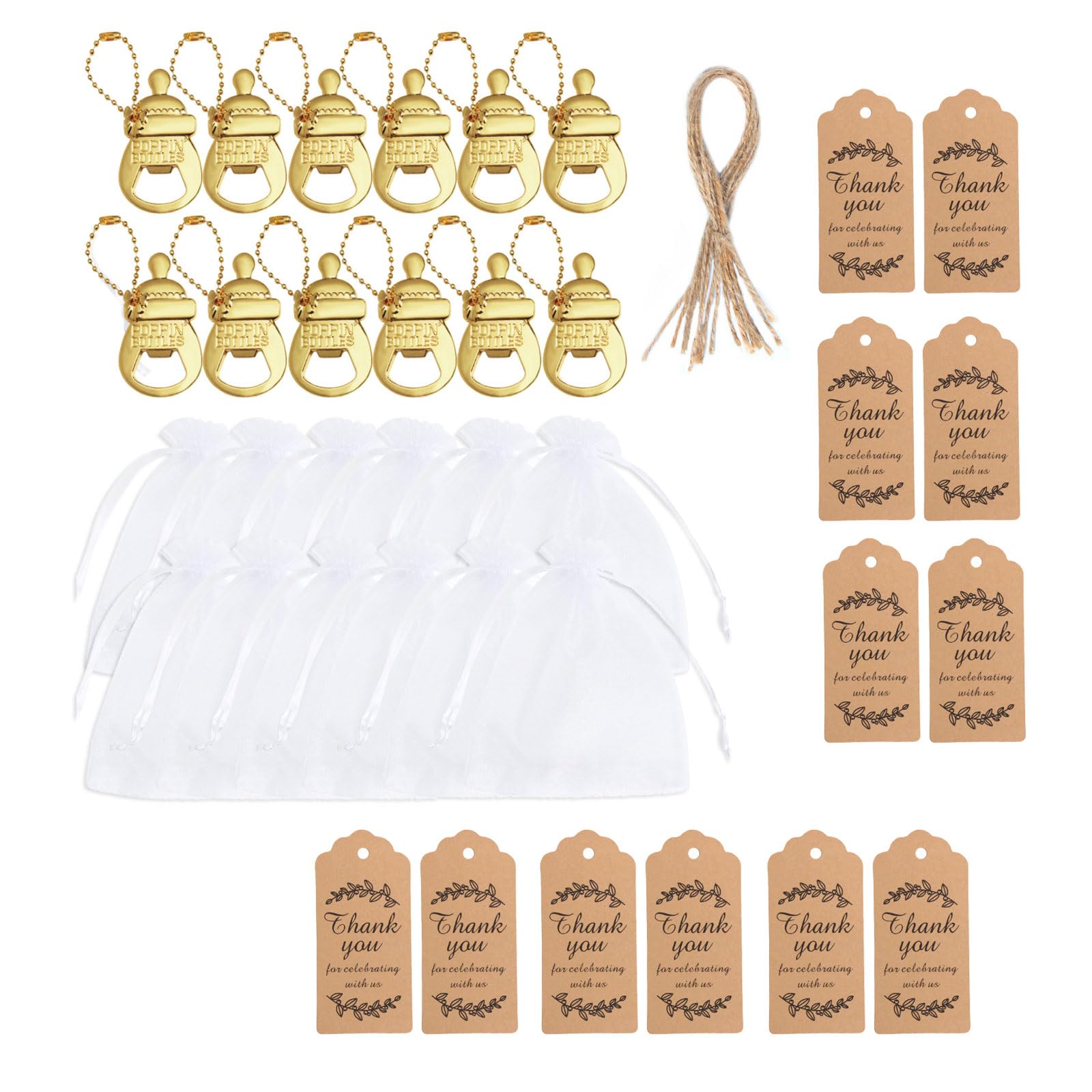 Kalttoy 12pcs Feeder Keychains Bottle Openers for Baby Showers Party Guest Souvenirs with Organza Bag Elegant Souvenirs Thank You Label Supplies