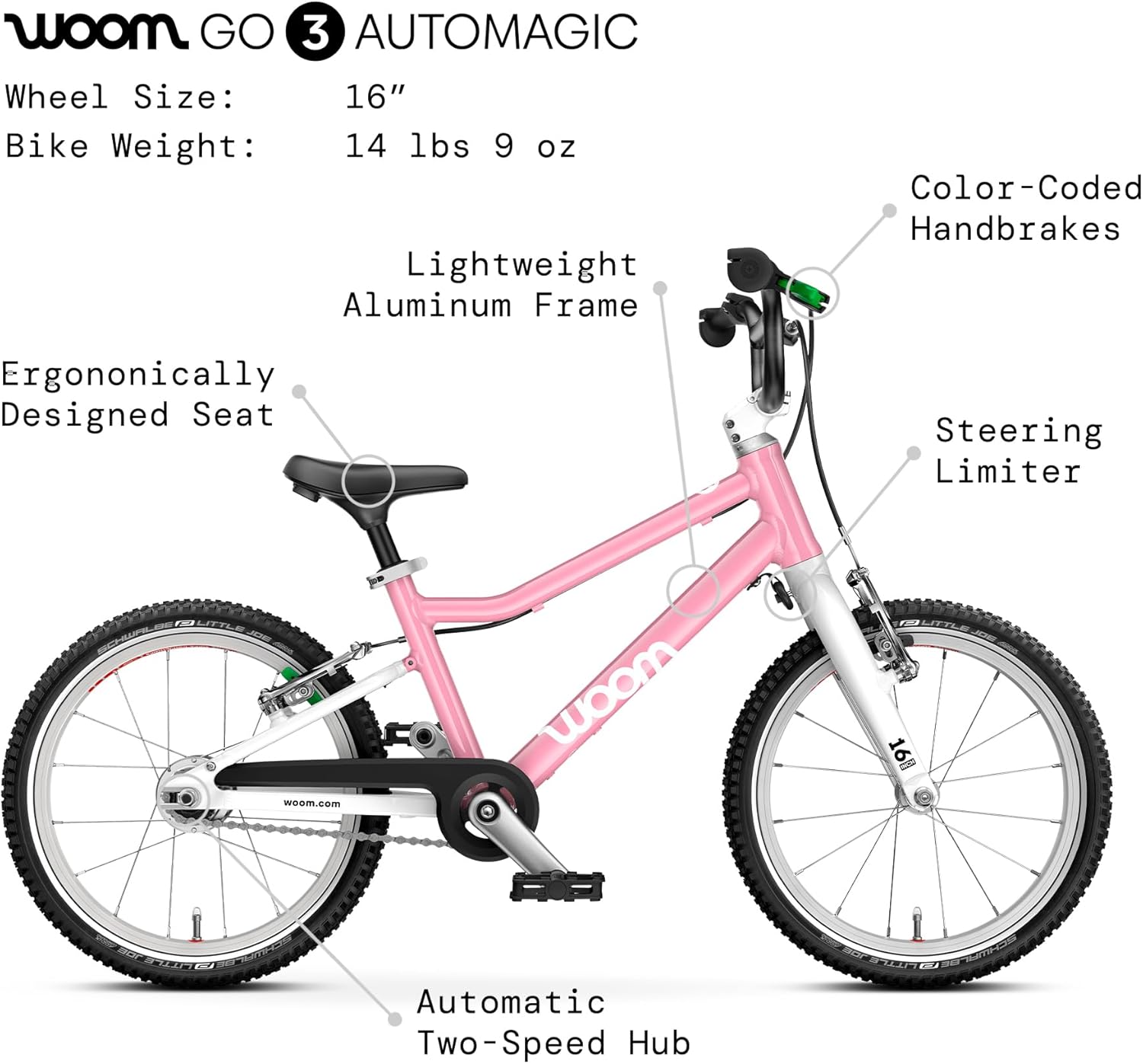 woom GO 3 AUTOMAGIC Bicycle, Automatic 2-Speed Shift Bike for Children 4 to 6 Years Old, 16-Inch Wheels, Handbrakes, Steering Limiter & Chainguard for Boys & Girls