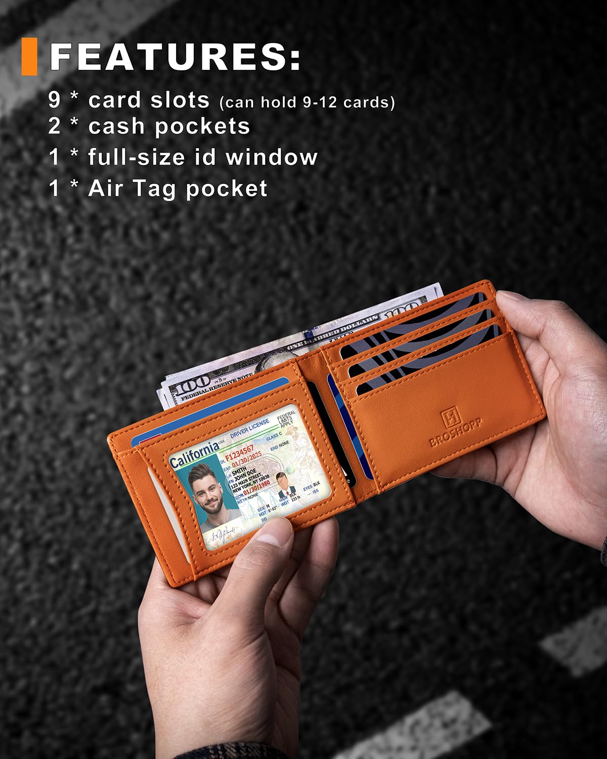 BROSHOPP Airtag Wallet for Men, Bifold Full-Grain Leather Wallet for Apple Air Tag, Men's Wallet with Airtag Holder, RFID Blocking, Cash Slots, ID Window