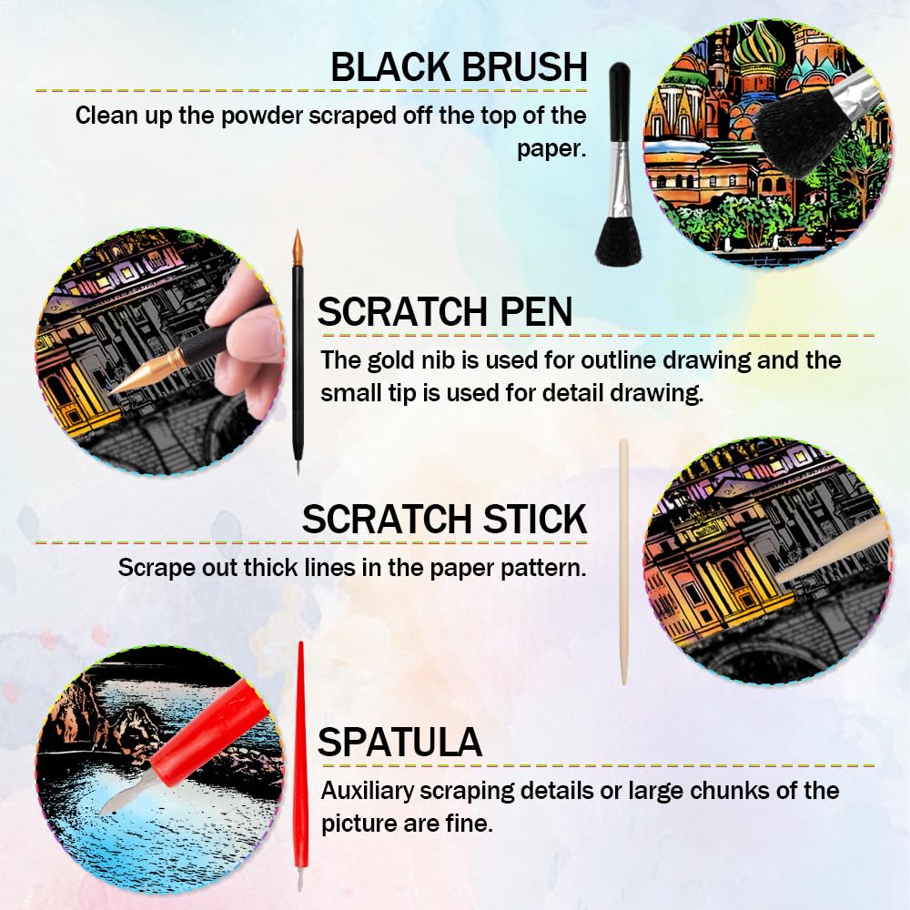 12 pezzi di carta antigraffio Magic Rainbow, formato A4, per adulti, luoghi di interesse, da parete, con attrezzi per graffi, kit City Series Night Scene, arcobaleno, per adulti, bambini, fai