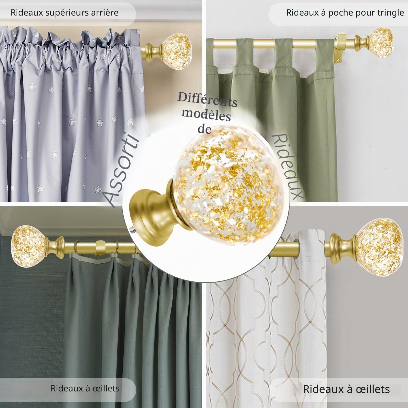 Tringle à rideaux double dorée pour fenêtres de 122 à 213 cm : double tringle à rideaux réglable et robuste de 122 à 213 cm – Embouts en résine dorée et double tringle à rideaux