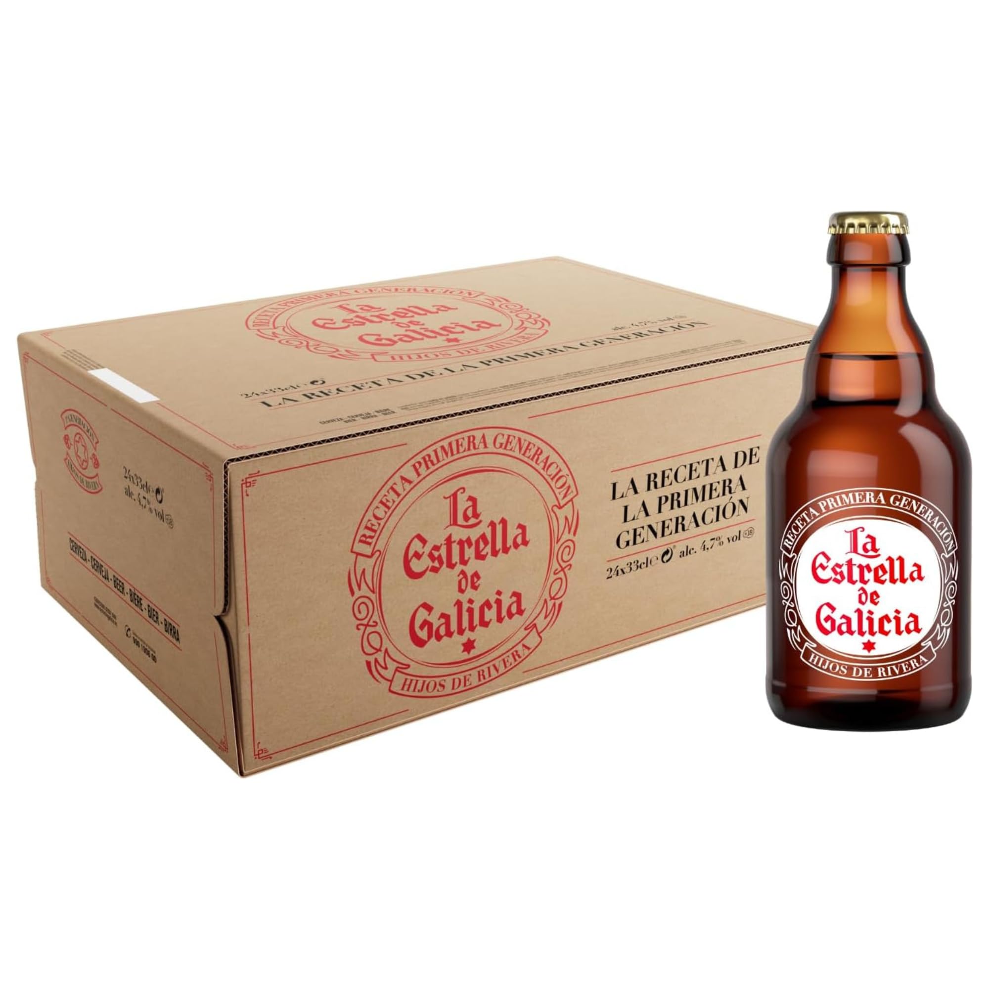 Estrella Galicia- La Estrella de Galicia - Cerveza Lager Premium, Pack de 24 Botellines de 33 cl, Formato Original, Sabor Dulce y Amargo, Muy Equilibrada, 4,7% Volumen de Alcohol