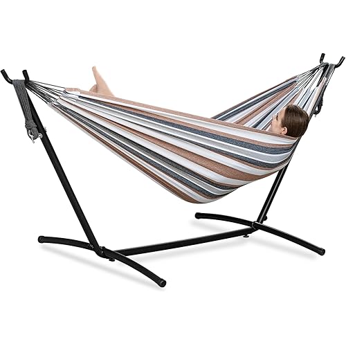 PNAEUT Double Hammocks with Stand for Outside, Portable Space Saving Heavy-Duty Steel Stand for Indoor Outdoor Patio with Carrying Bag, 450 lbs Capacity (Coffee)