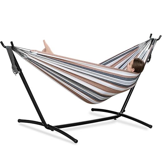 PNAEUT Double Hammock with Space Saving Steel Stand Included 2 Person Heavy Duty Outside Garden Yard Outdoor 450lb Capacity 2 People Standing Hammocks and Portable Carrying Bag (Coffee)