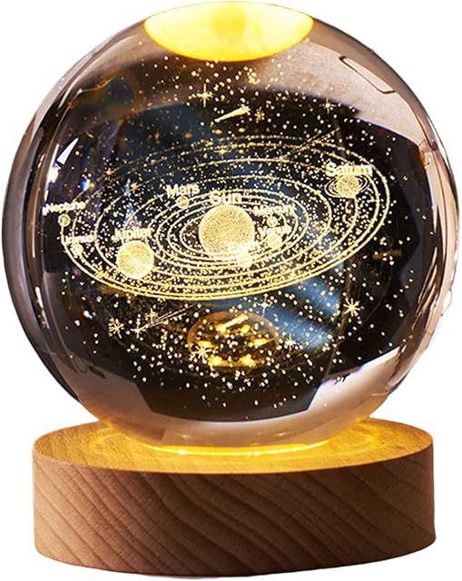 BYYLECL 3D Planets Crystal Ball, Engraved Miniature Model, Night Light Home Office Decor, Glowing Crystal Ball Ornament, Astronomy Gifts For Kids