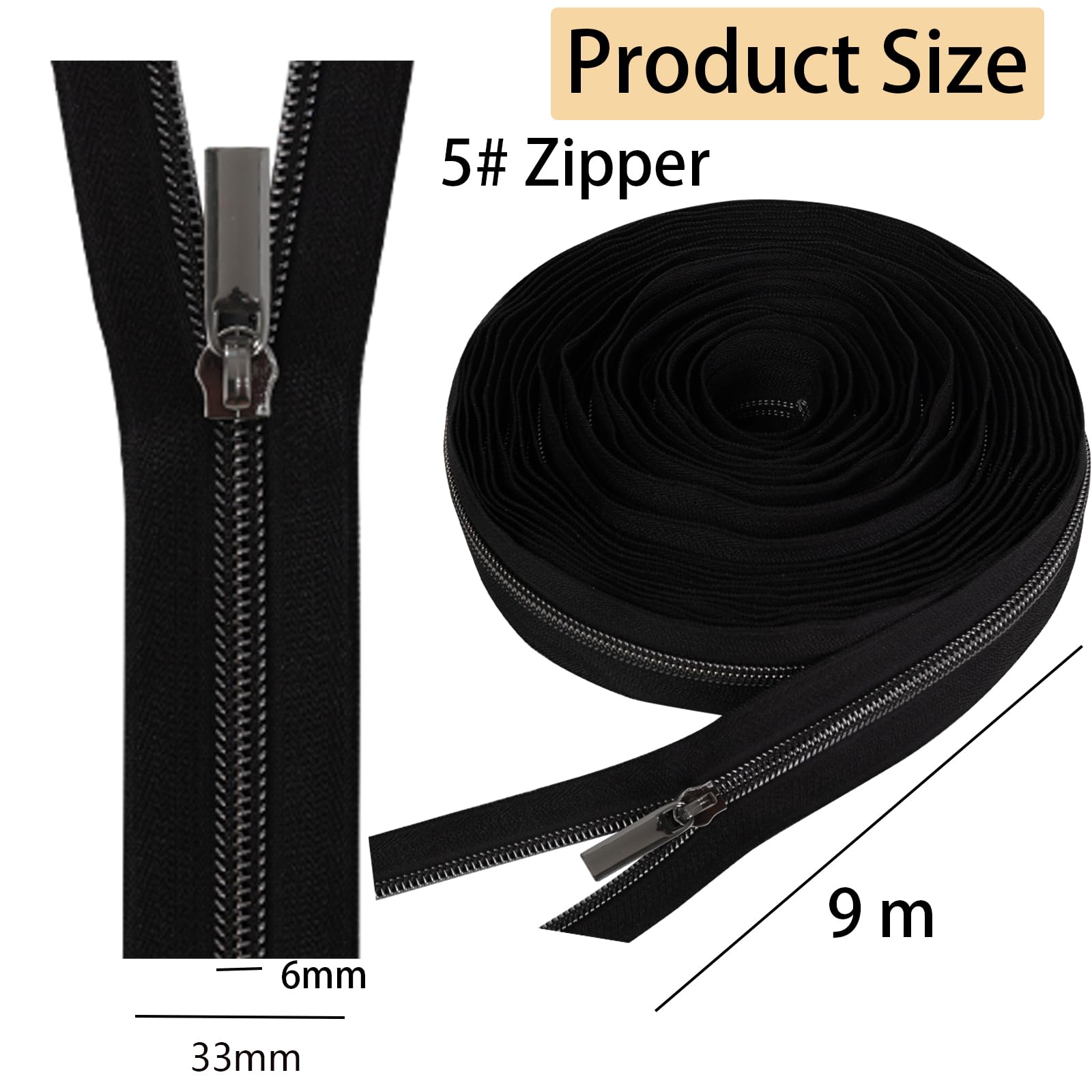 GUBOCA 9 M Cerniera Lampo Lunga,Cerniere in Nylon per Cucito a Metro con 30 Pezzi di Accessori (Nero,Nero)