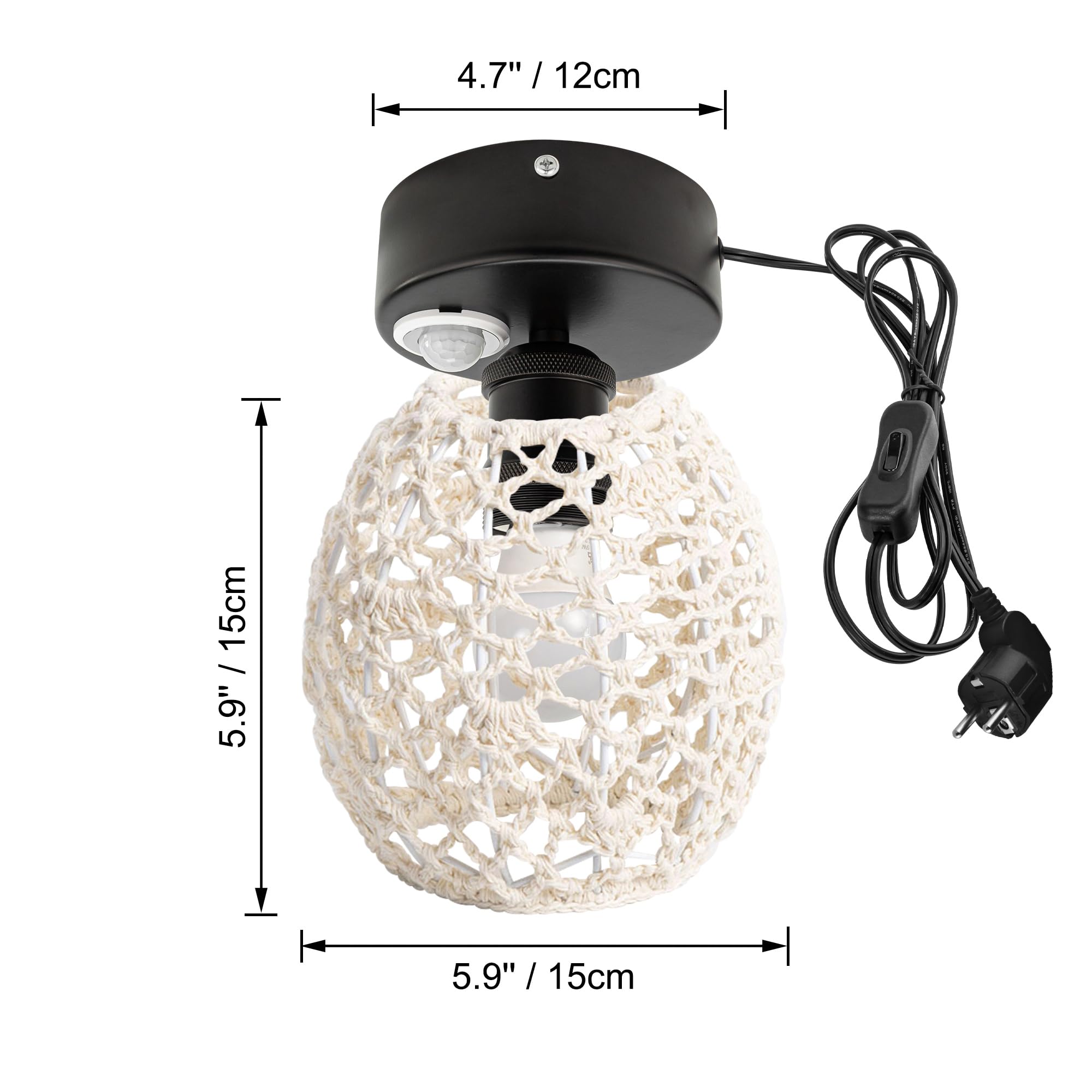Plafoniera con rilevatore di movimento per interni, lampada da soffitto in rattan stile boho sensore di movimento radar con cavo da 4,5 m e portalampada E27 per corridoio, bagno, scale garage