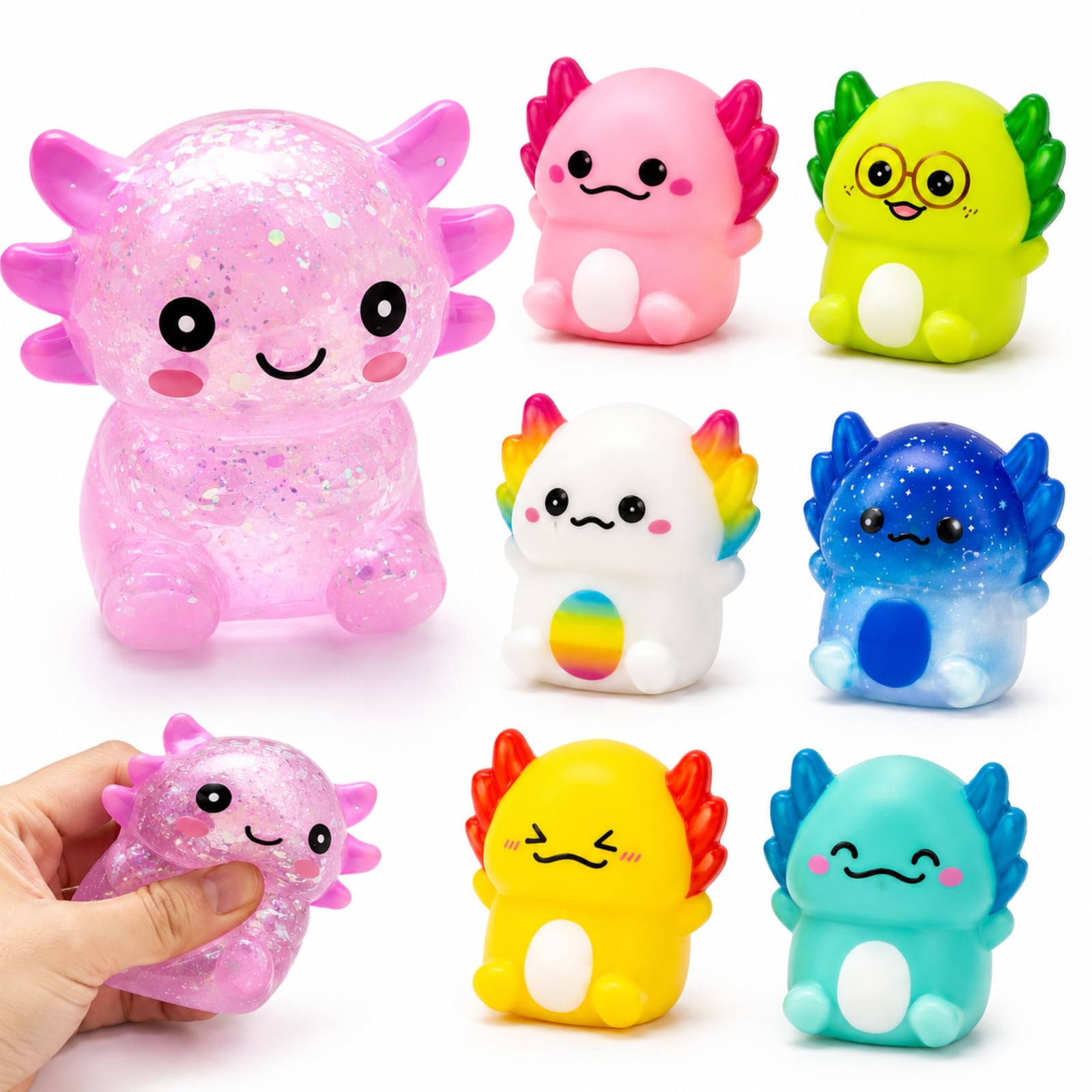 7 Pcs Axolotl Squishy, Animal Squishys for Stress Relief and Focus, Squishy Axolotl Fidget for Office Desk, Random Color Collectible Set with Maltose Axolotl