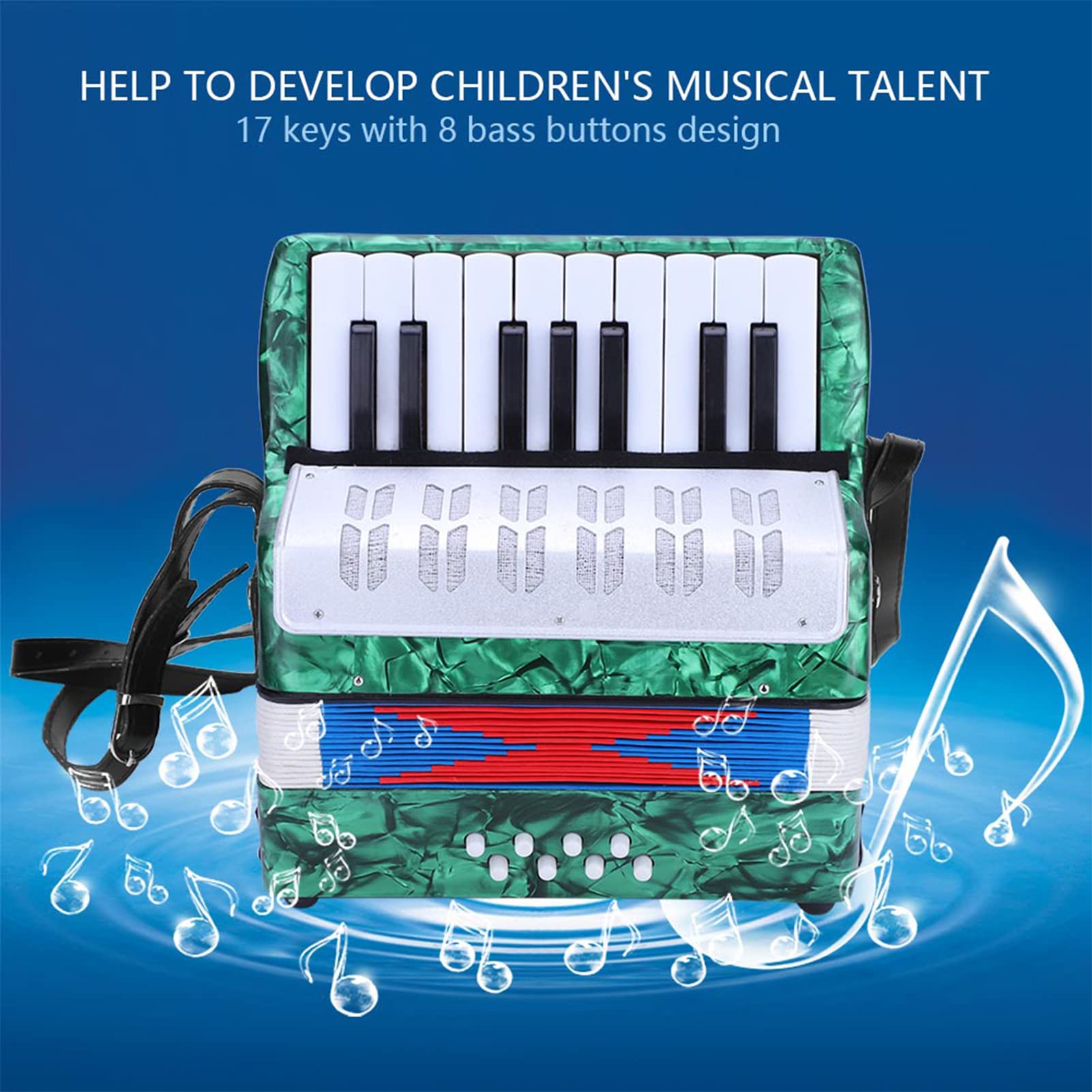 Domary Fisarmonica 17 Tasti 8 Bassi Strumento Musicale per Pianoforte per Principianti Leggero Resistente Durevole Cinturino Regolabile Bambini Rosso Blu Verde Blu Navy (Verde)