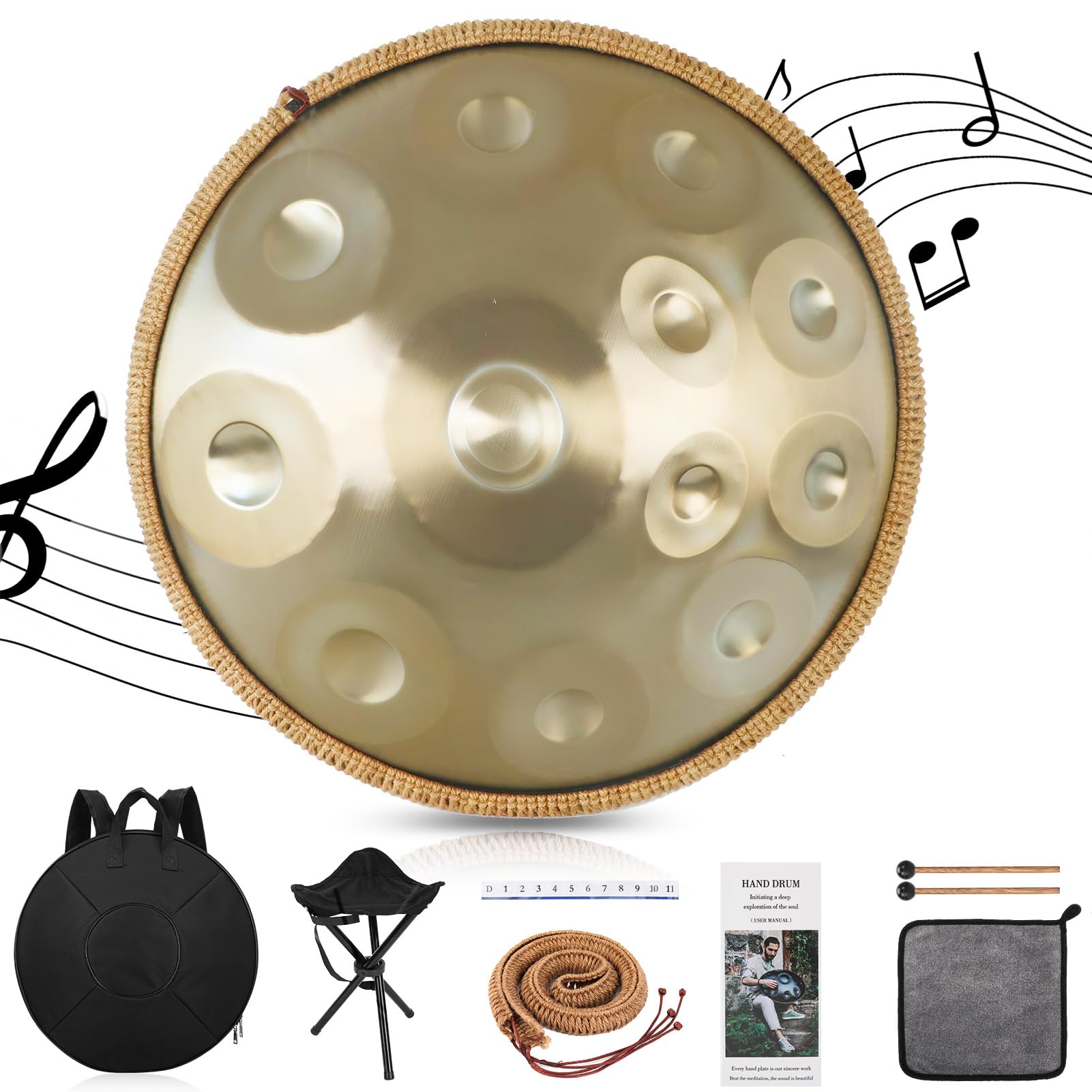 Handpan Drum, 12 Töne 22 Zoll Steel Instrument 440/432h Gold in D Minor Zungentrommel Mit Weicher Tasche, Schlägeln, Handtrommelständer für Anfänger, Profis, Musiktherapie (440Hz)