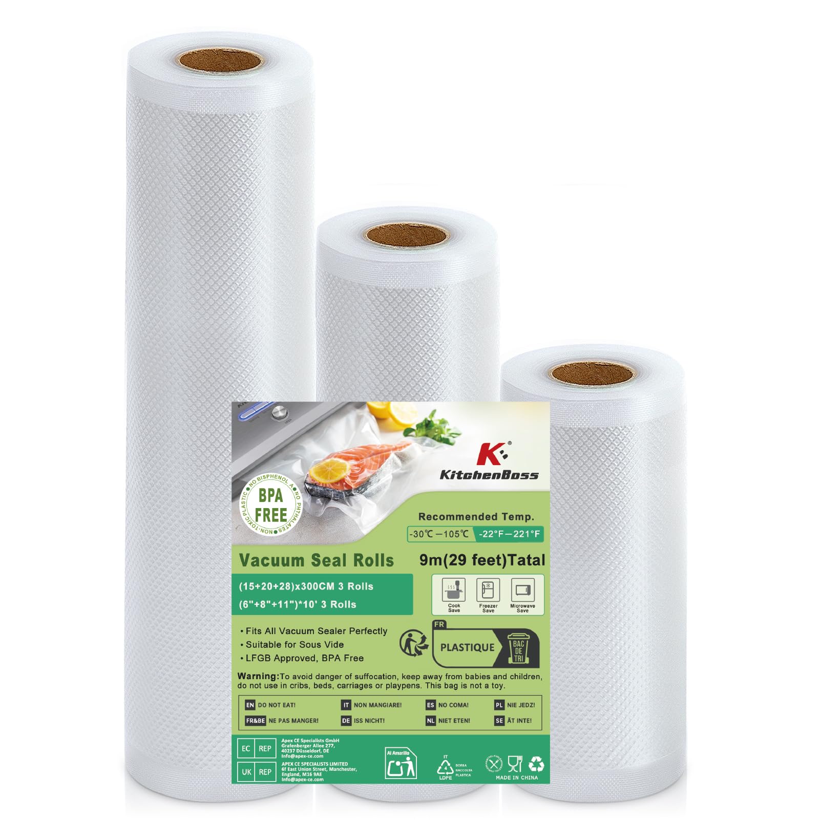 KitchenBoss Vacuum Food Sealer Bags: 3 Packs 15 20 28 x 300cm Sous Vide Bags,BPA Free Vac Seal Rolls for Food Freezer Storage Saver,Vacuum Sealer Machine Rolls Total 12M