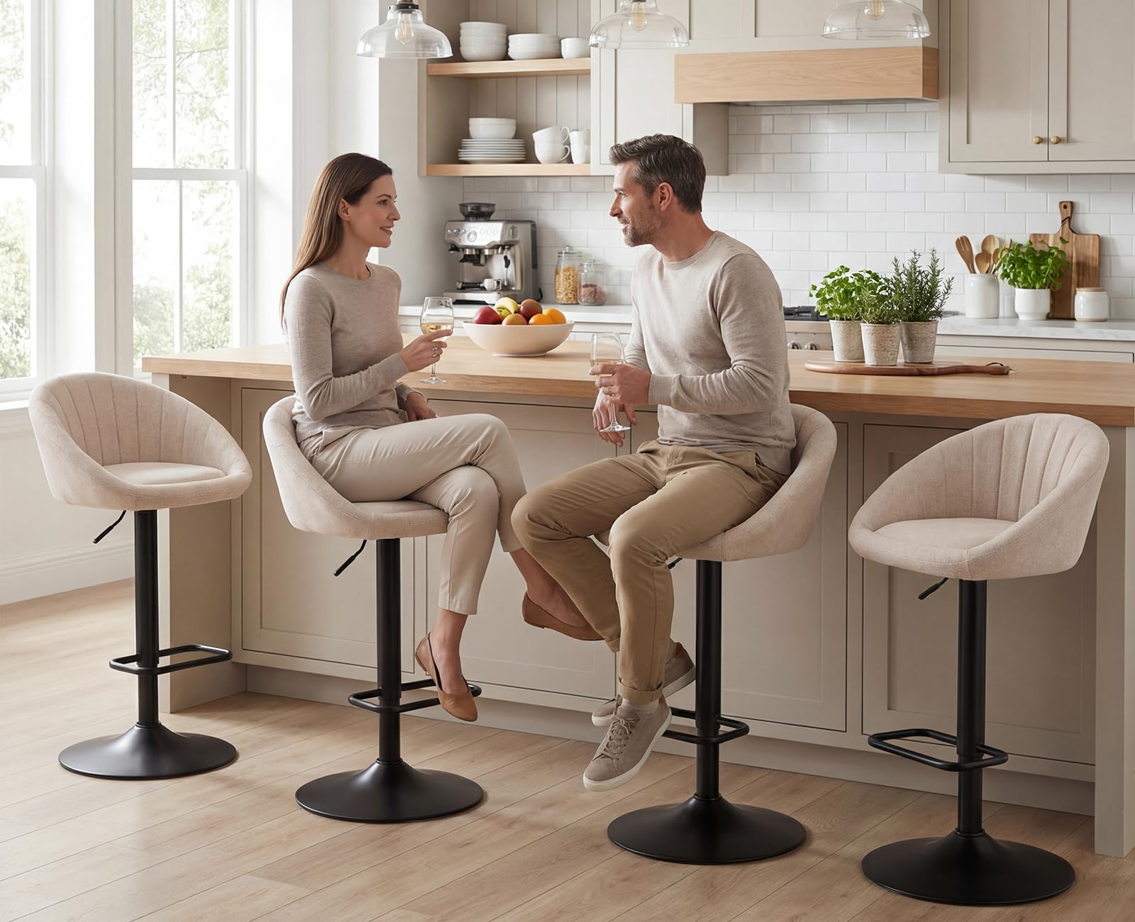 chairus Tabouret de Bar Lot de 2 Chaise de Bar Réglable Repose-Pied, Beige | Chaise Haute Bar Moderne Tabouret Haut en Tissu Coussin Confortable Pieds en Métal pour Bar Ilot Central Cuisine