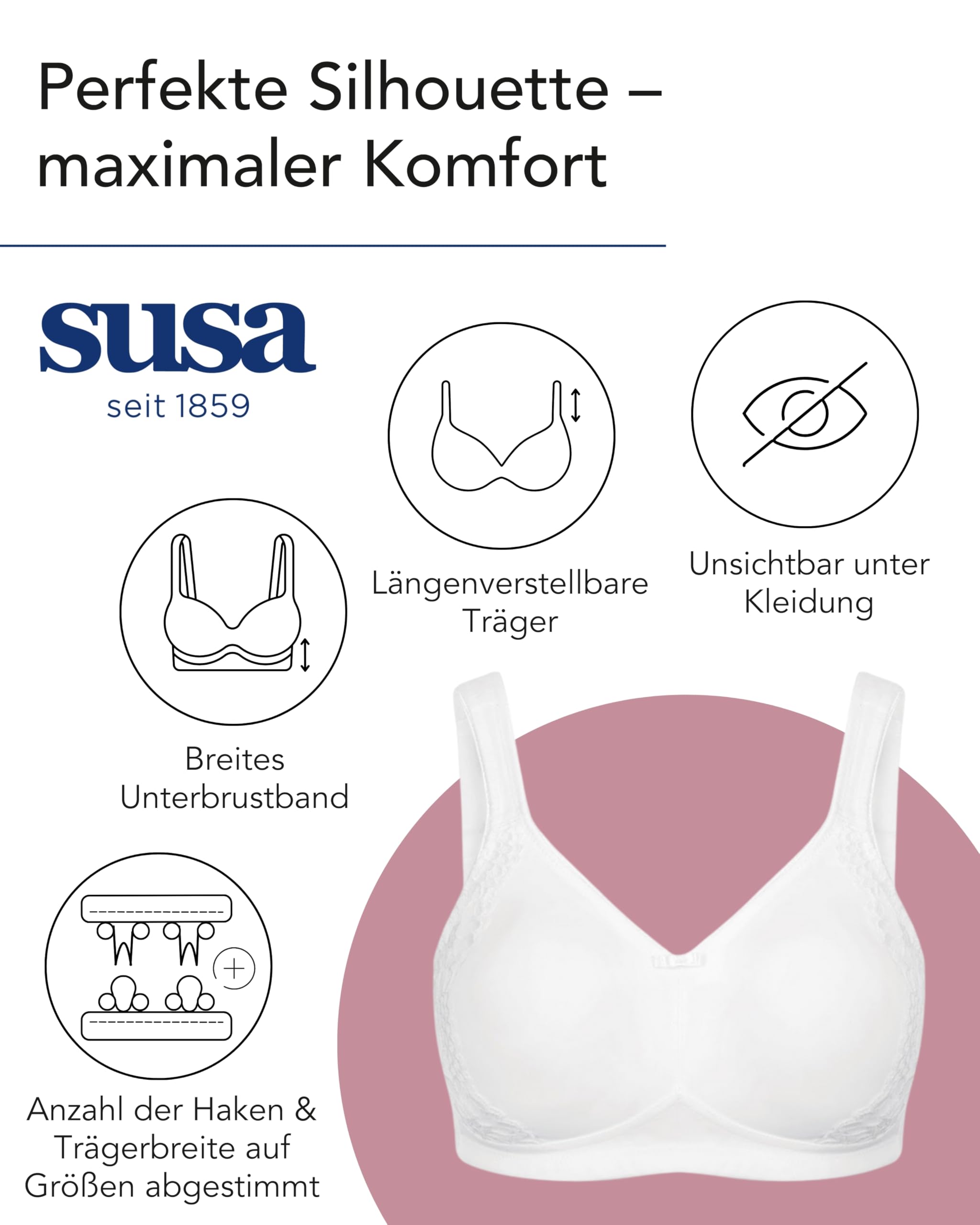 Susa Minimizer BH Damen ohne Bügel I London I Damen-BHS mit Minimizer Schnittform, verkleinert die Brüste optisch I Gemoldete Cups, breite Träger I weiß I 75E