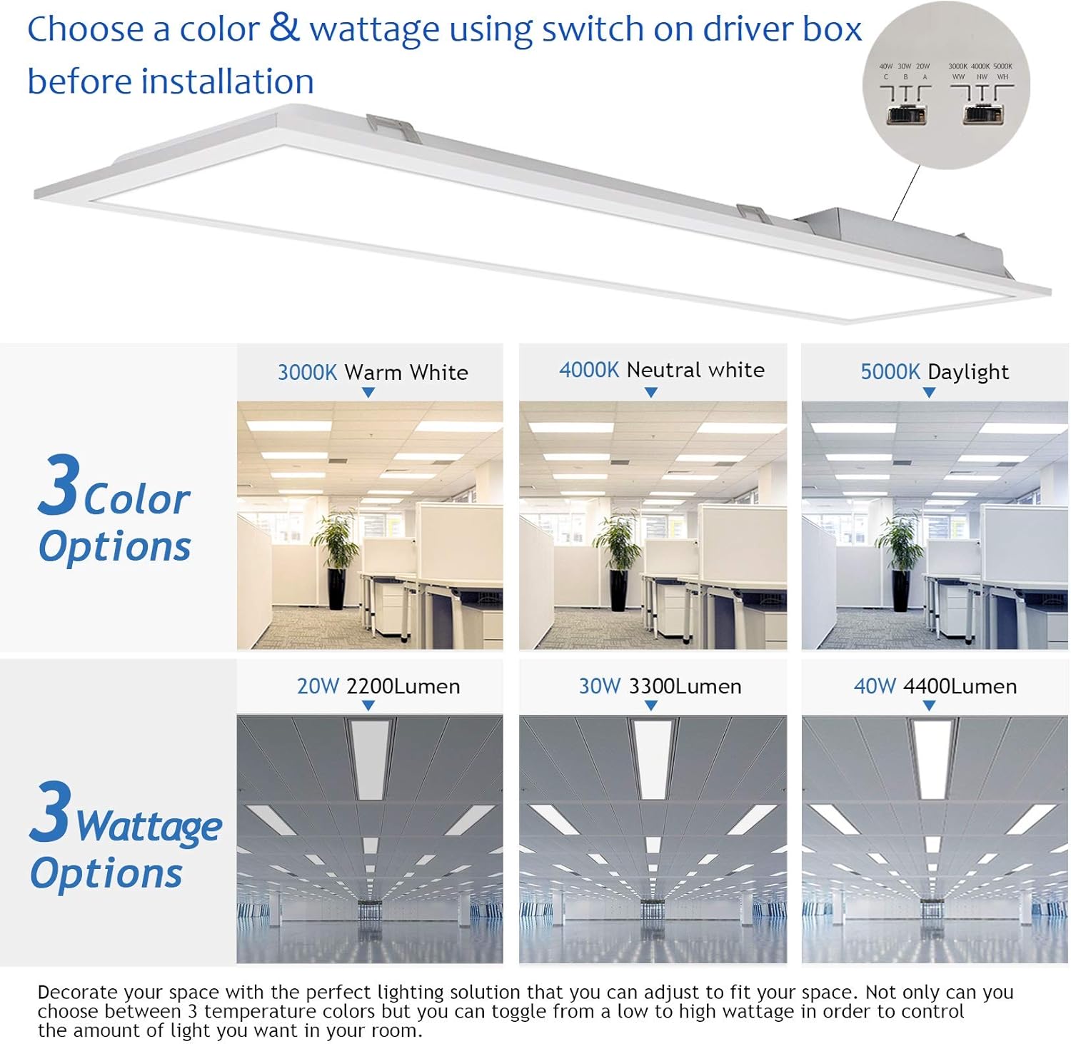 CycevSun 1x4 FT LED Flat Panel Light Drop Ceiling, 0-10V Dimmable 3 Color Selectable & 20W-30W-40W Selectable, 4400LM, 4 Pack