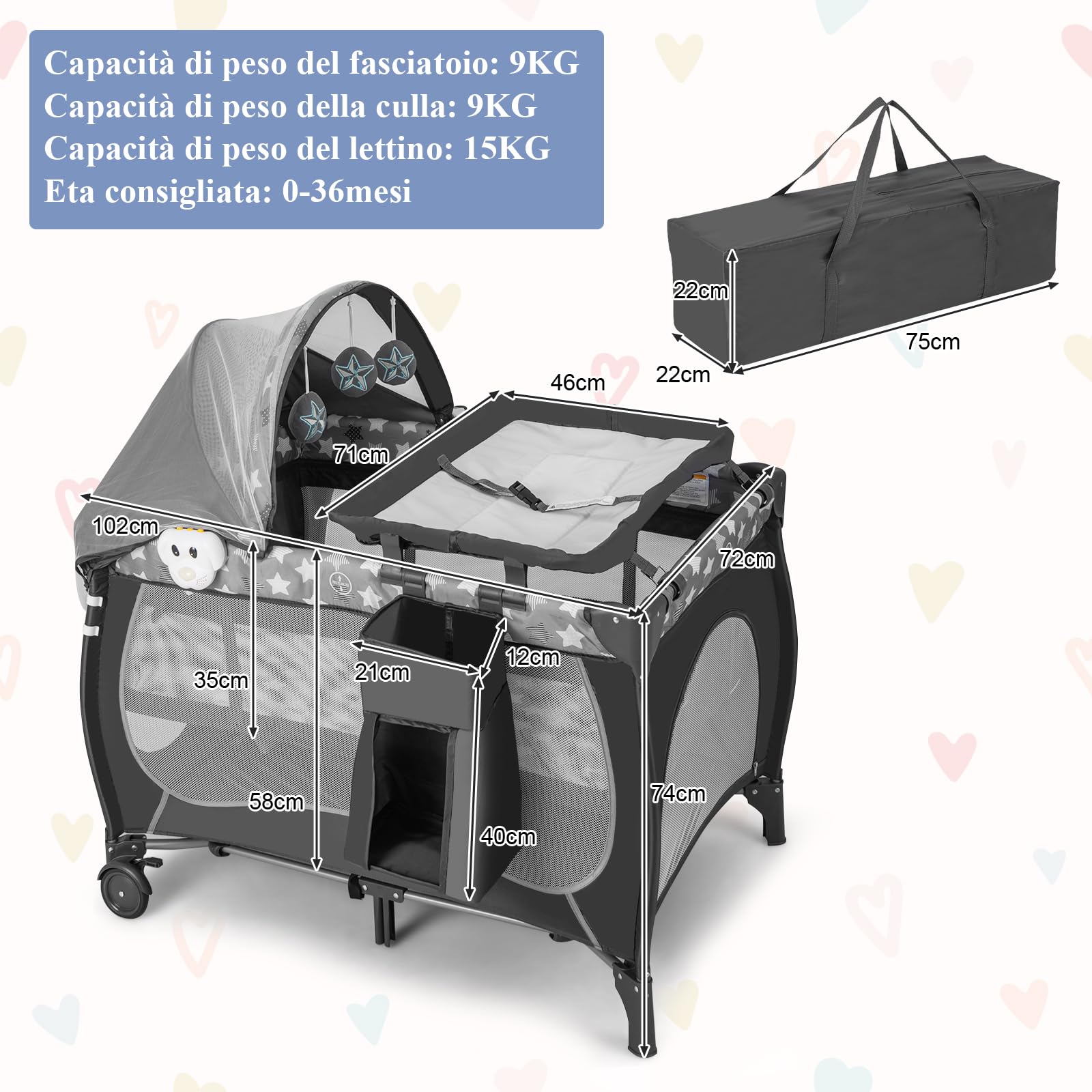 RELAX4LIFE 4 in 1 Lettino da Campeggio con Materasso per Bambini, Culla da Viaggio per Neonati con Fasciatoio, Baldacchino Retrattile con Zanzariera, Adatto a Bambini da 0 a 36 Mesi (Grigio)