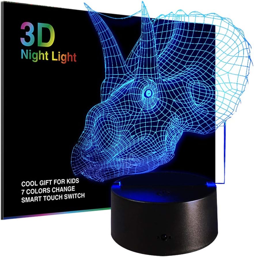 Horned Dinosaur 3D Night Light Touch Control Desk Lamps, Ticent 7 Color Changing Table Lights with USB Charger for Kids Bedroom, Home Decor