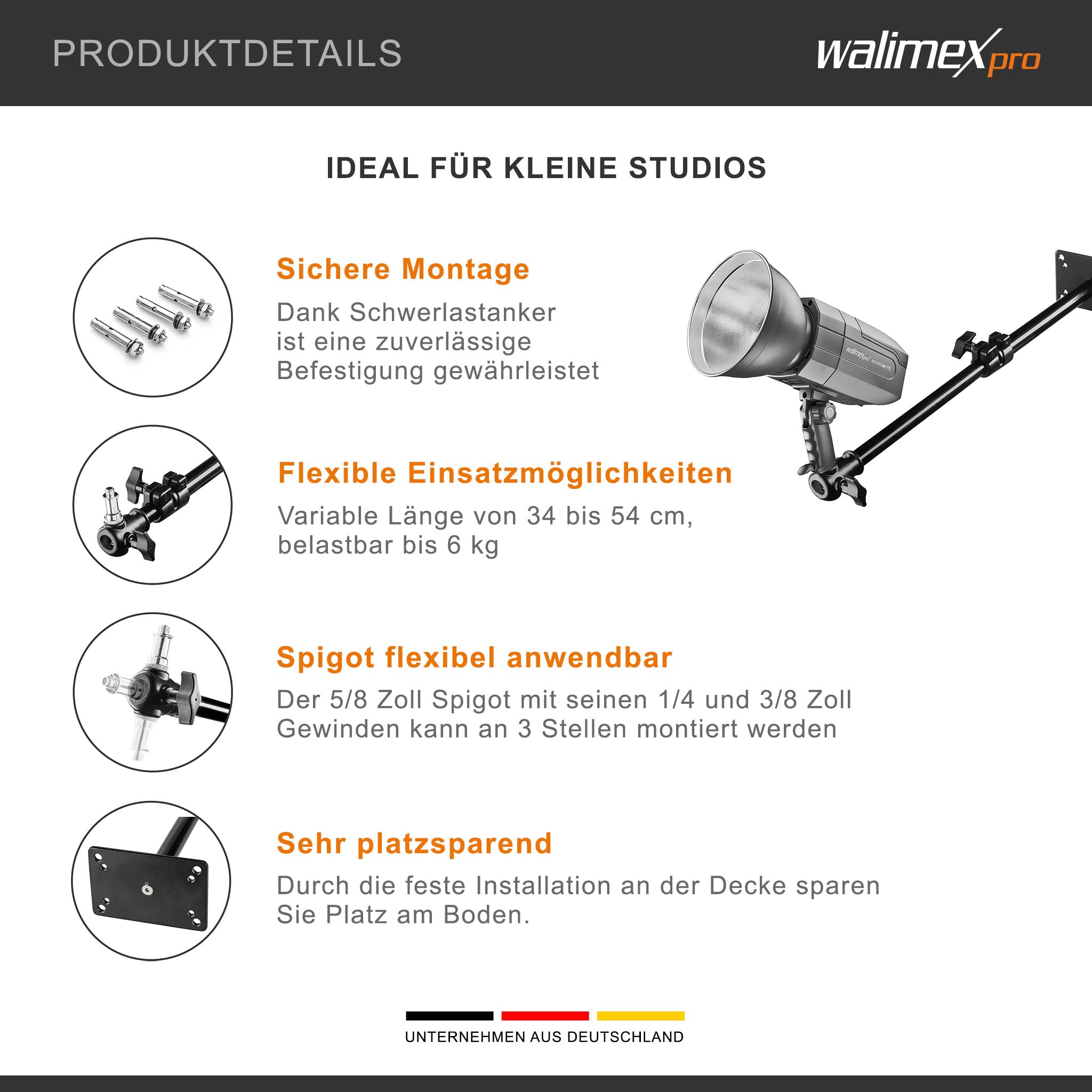 Walimex pro Deckenstativ 34-54 cm, Lichtstativ mit doppelseitigem 5/8" Spigot, Auslegerarm Halterung mit 1/4" u. 3/8" Gewinde, Lampenstativ belastbar bis 6 kg ideal für Videoleuchte, Softbox u. Kamera