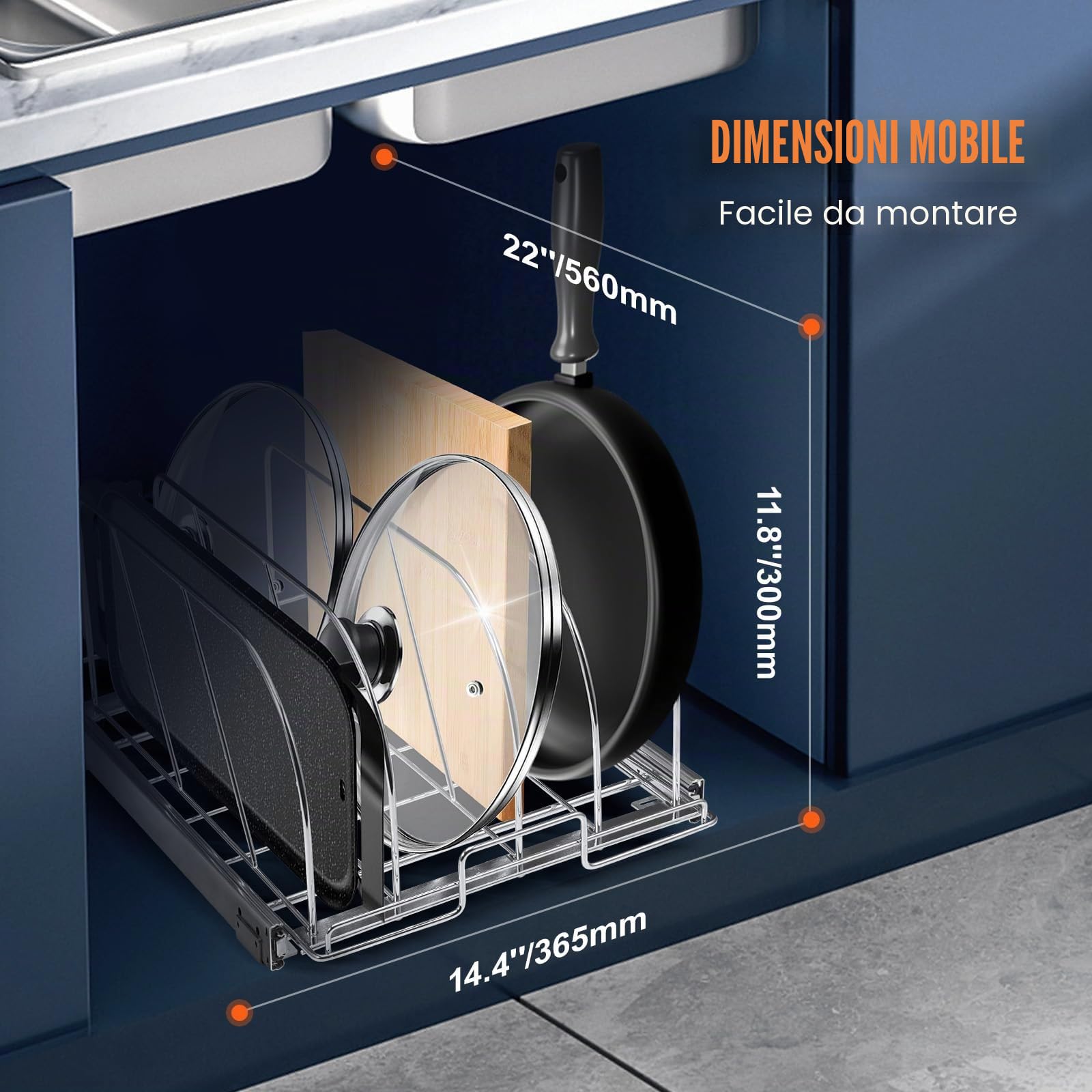VEVOR Portaoggetti Scorrevole per Pentole da Cucina con Coperchio Espandibile 31,8 x 53,3 x 22,4 cm, Porta Pentole Estraibile Sottolavello Divisori Regolabili, Porta Pentole Utensili da Cucina 20 kg