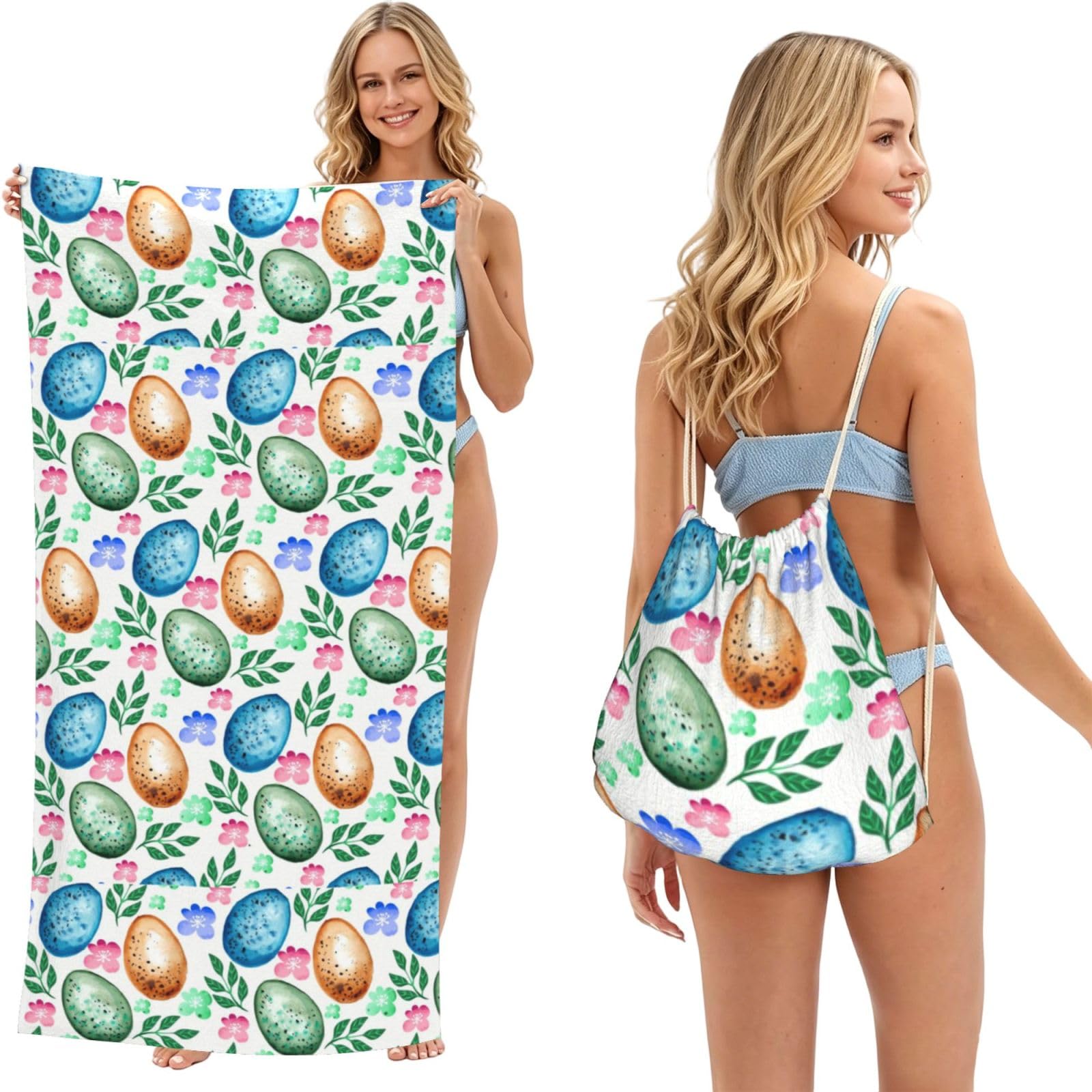 WSHFFILO Easter Eggs printed 2 in 1 Packable Towel Bag Bath Towel Beach Towel