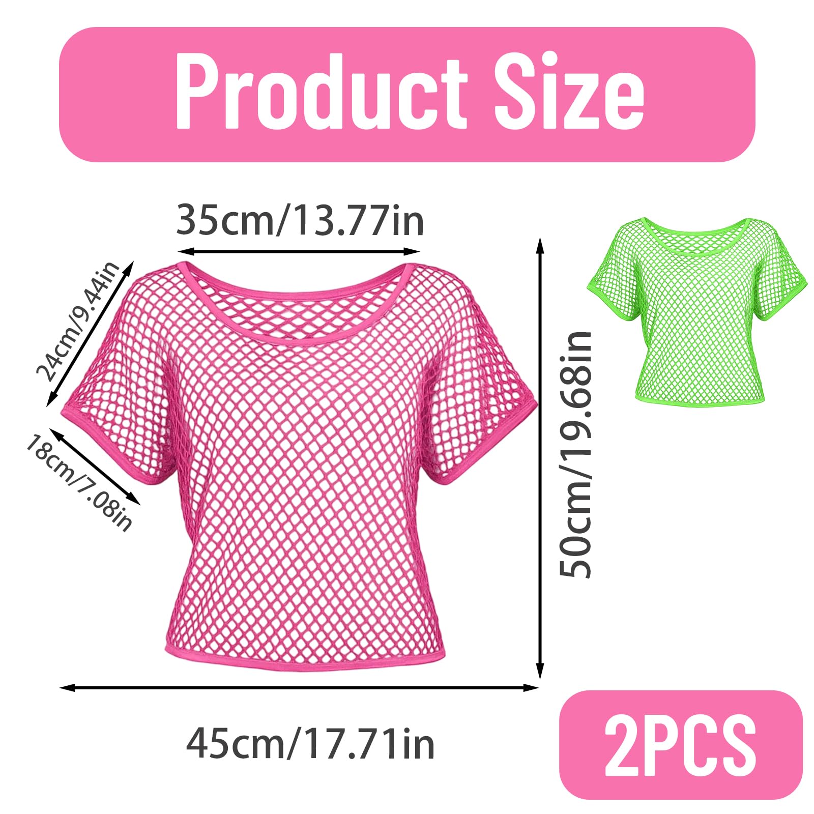 QhgPnt 2PCS 80s Neon Fishnet Top, 1980s Neon Fishnet Mesh T-Shirt - Image 2