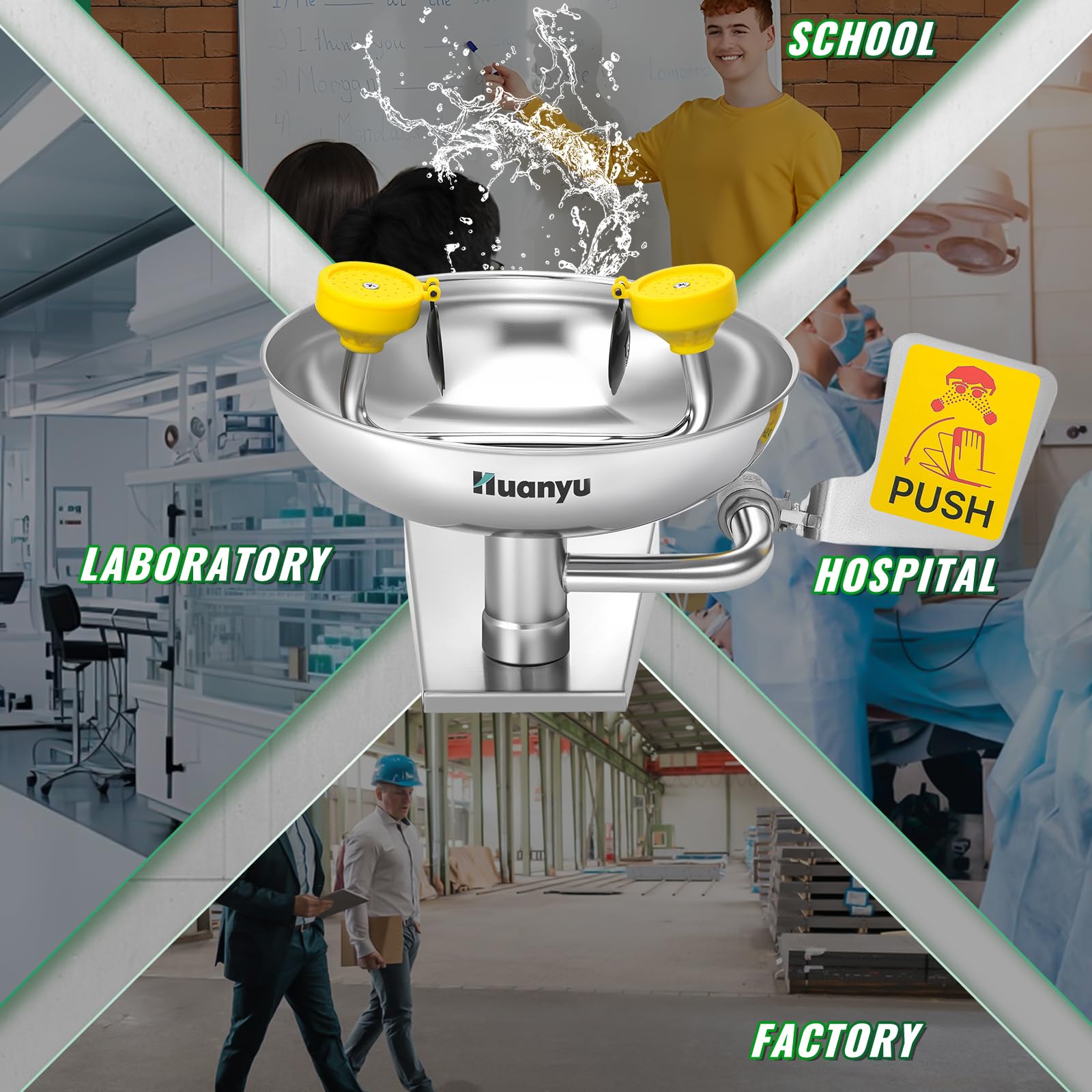 Huanyu Estación de Lavado de Ojos de Emergencia de Pared Primeros Auxilios Oculares Operación Manos Libres Kit de Lavado Ocular con Señalización para Fábricas Laboratorios y Construcción(YX-1)