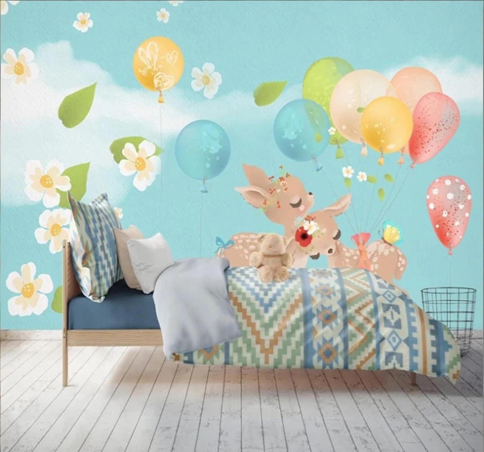 Fresh Cartoon Balloons Reindeer Flowers 3D Wallpaper Easy Install Feature Office Living Room Sofa Bedroom TV Background Wall Decoration-400cm×280cm