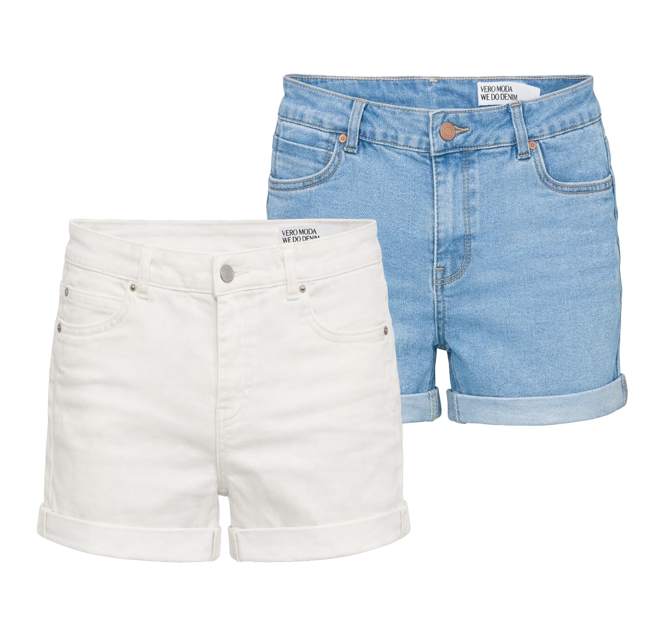 VERO MODA Ladies Denim Turned Hem Shorts with Pockets, White/Light Blue, XS