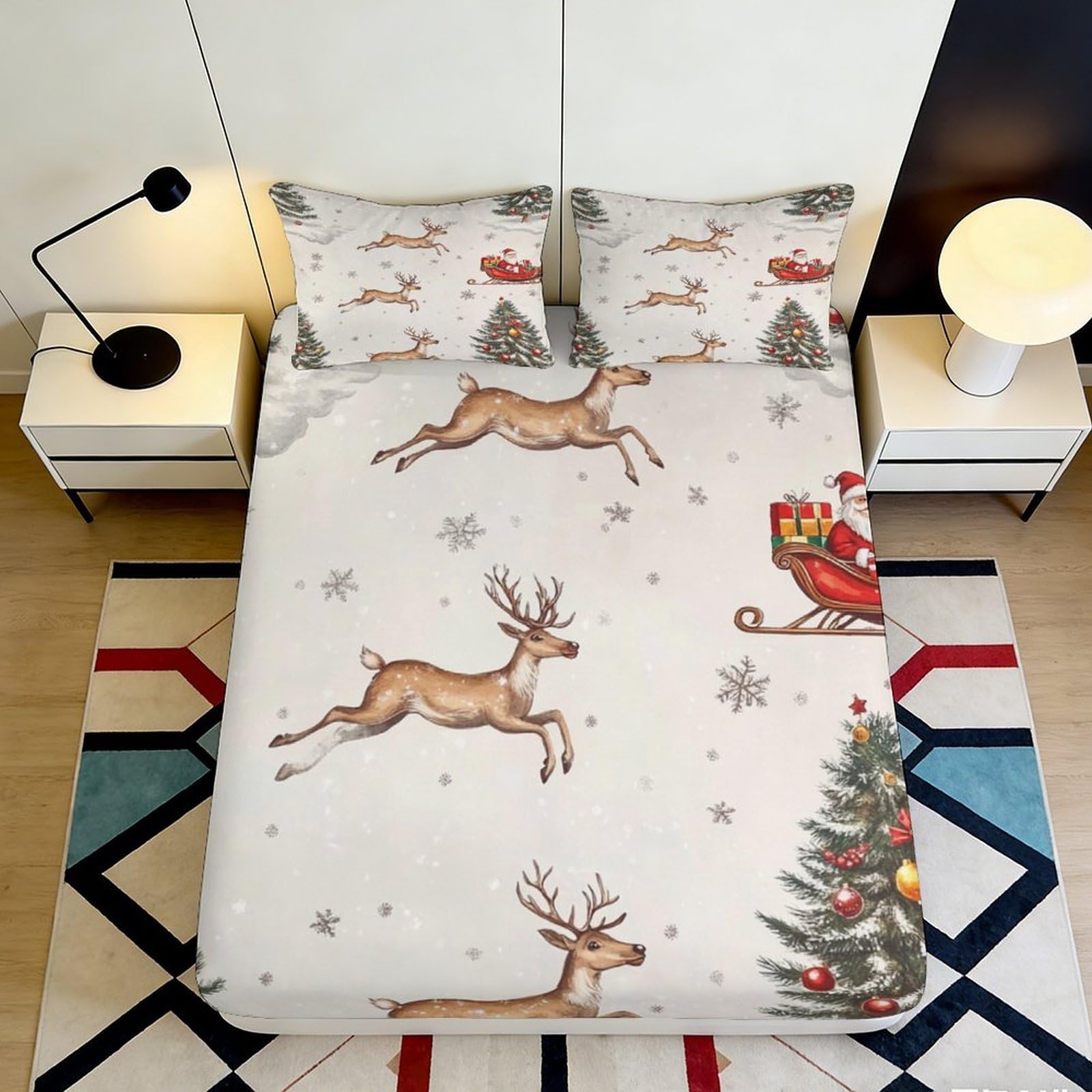 3D Printed Christmas Reindeer Fitted Sheet Microfiber Soft Snowflake Tree Mattress Cover for Bedroom Dorm Home Decor 90x200x25cm
