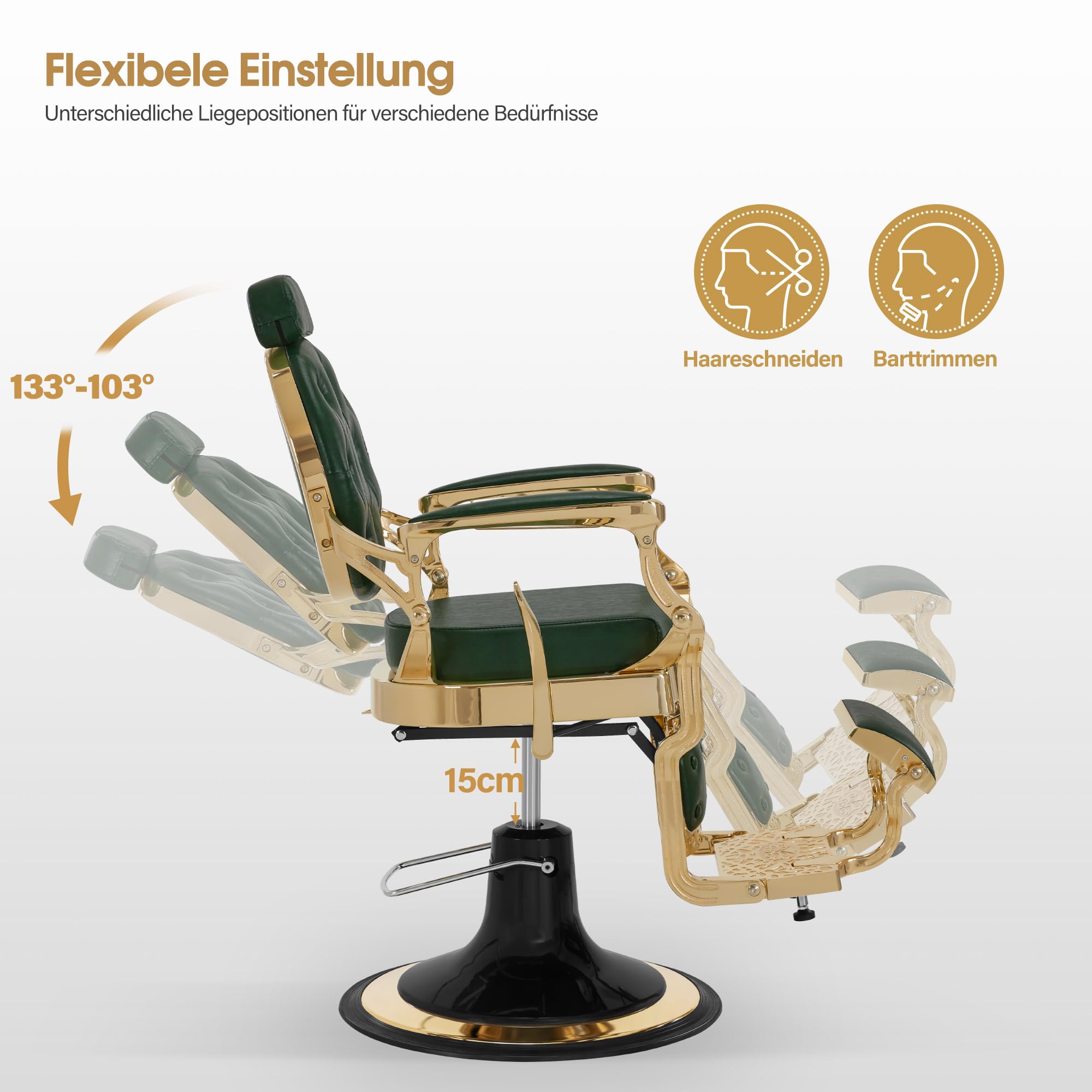 Barberpub Friseurstuhl mit Kopfstütze Kippbar, Friseureinrichtung mit Hydraulikpumpe 360° Drehbar, Höhenverstellbarer Bedienungsstuhl mit Vintage Stil, Barber Stuhl Kunstleder, 2933-F (Gold-Grün)
