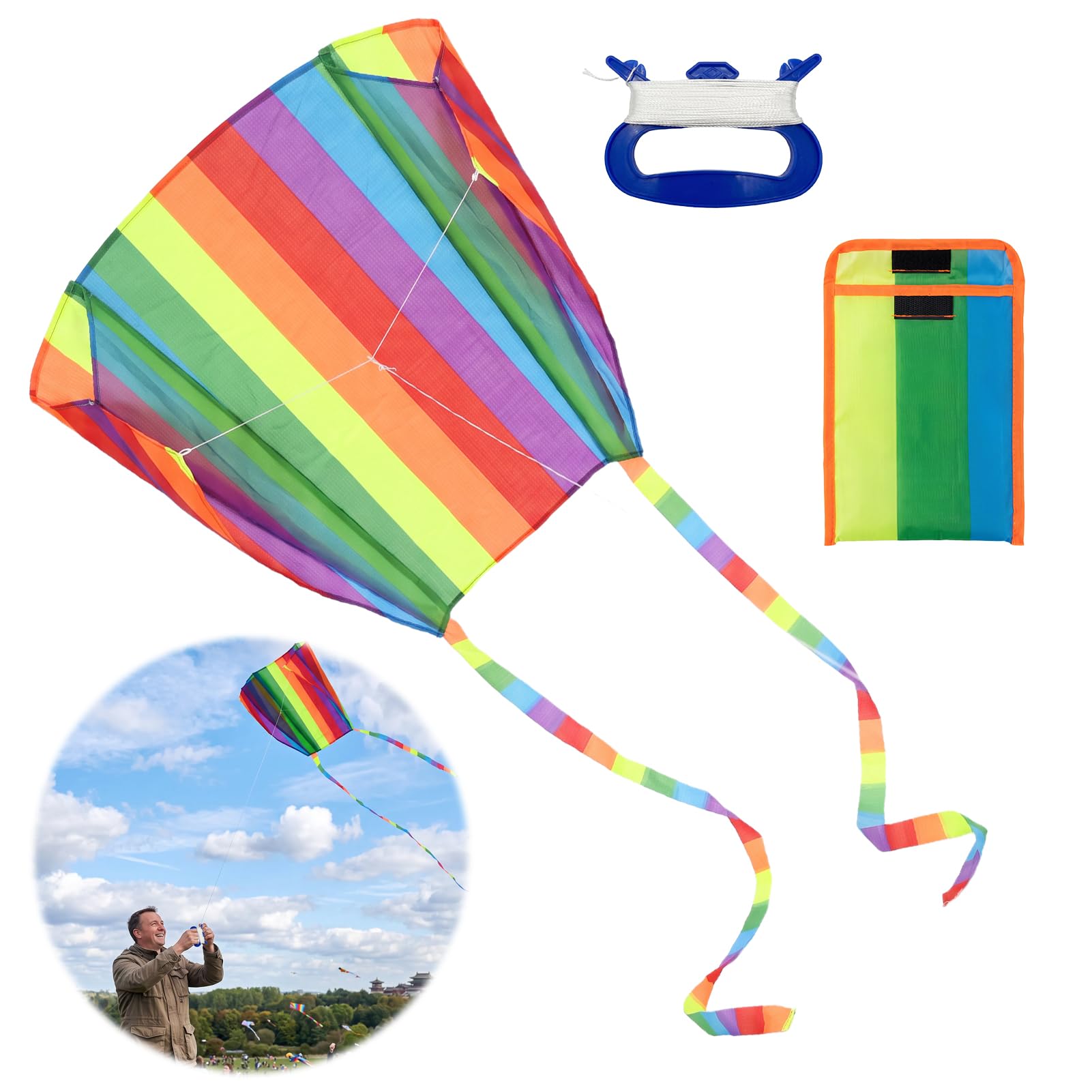 Rainbow Pocket Kite, Colorful Kite with 30M Long Tail and Line