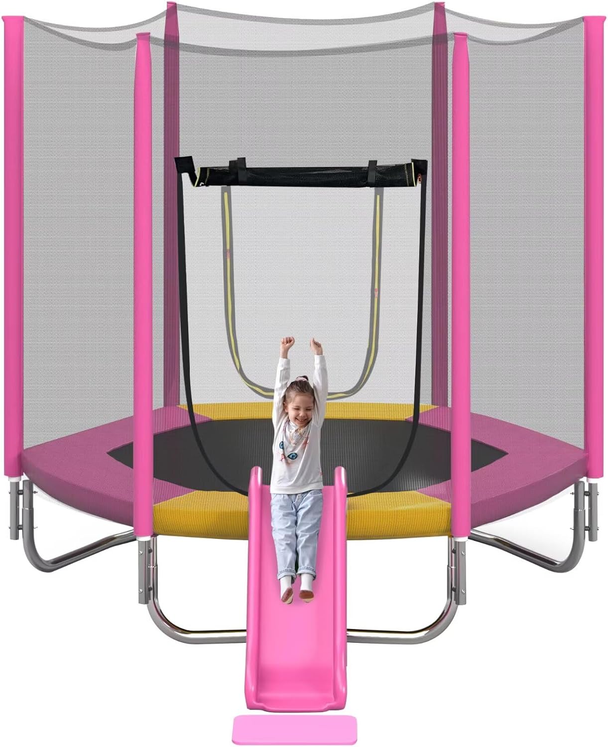 Merax 7ft Kids Trampoline with Slide,Enclosure Net and Ladder, Climb ‘n Slide Small Toddler Trampoline Indoor Outdoor for Kids Pink - Image 1 of 7