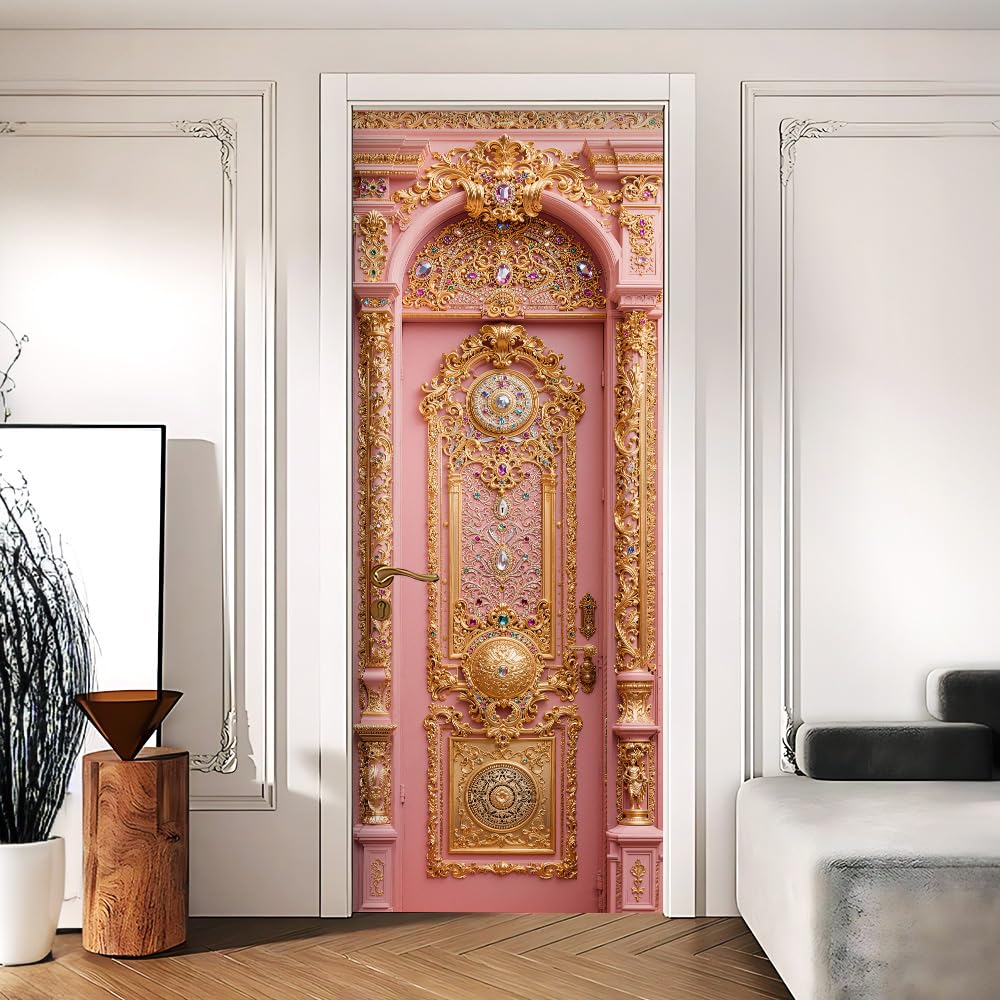 Pink Baroque Door Mural, Ornate Gold Door Cover, 30.3x78.7in