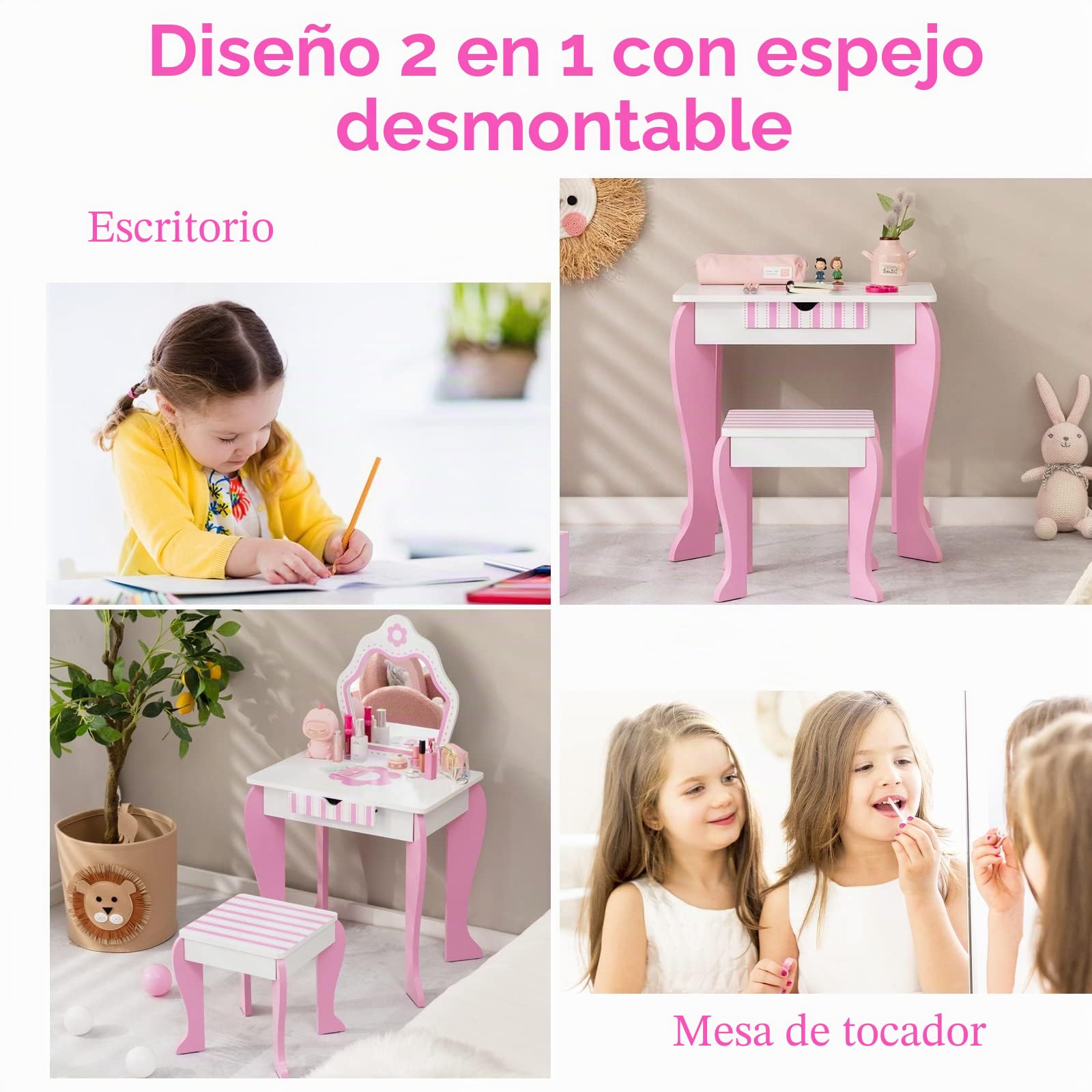 LIFEZEAL Tocador de Maquillaje niña, Tocador con Taburete y Espejo extraíble, Mesa Infantil 2 en 1 con cajón de Almacenamiento, Escritorio de Madera para niña de 3 a 7 años