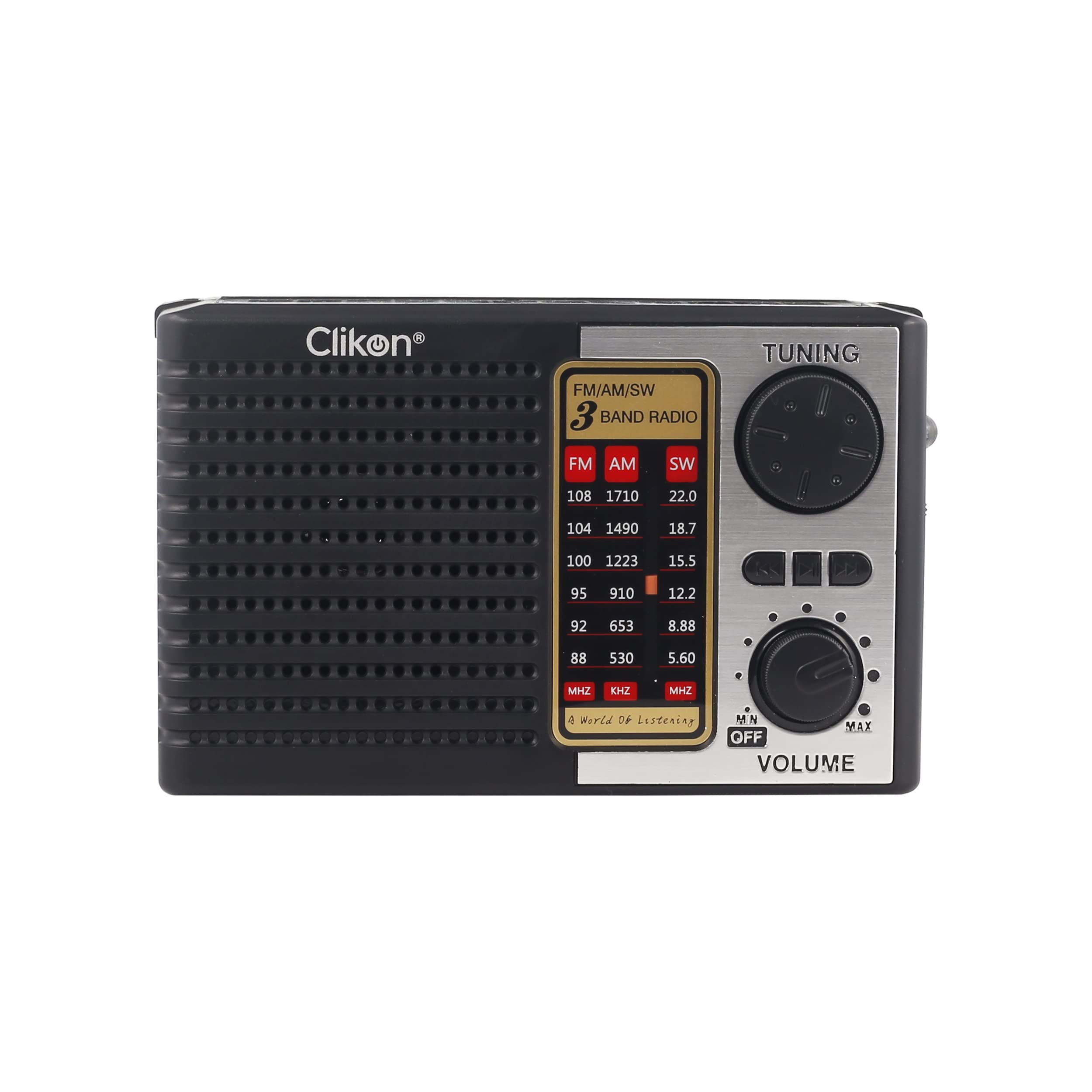 Clikon Classic Candid Radio with Built-in Solar Panel, Compact size, USB/TF Card Connectivity, 2 Years Warranty, Black and Silver – CK839