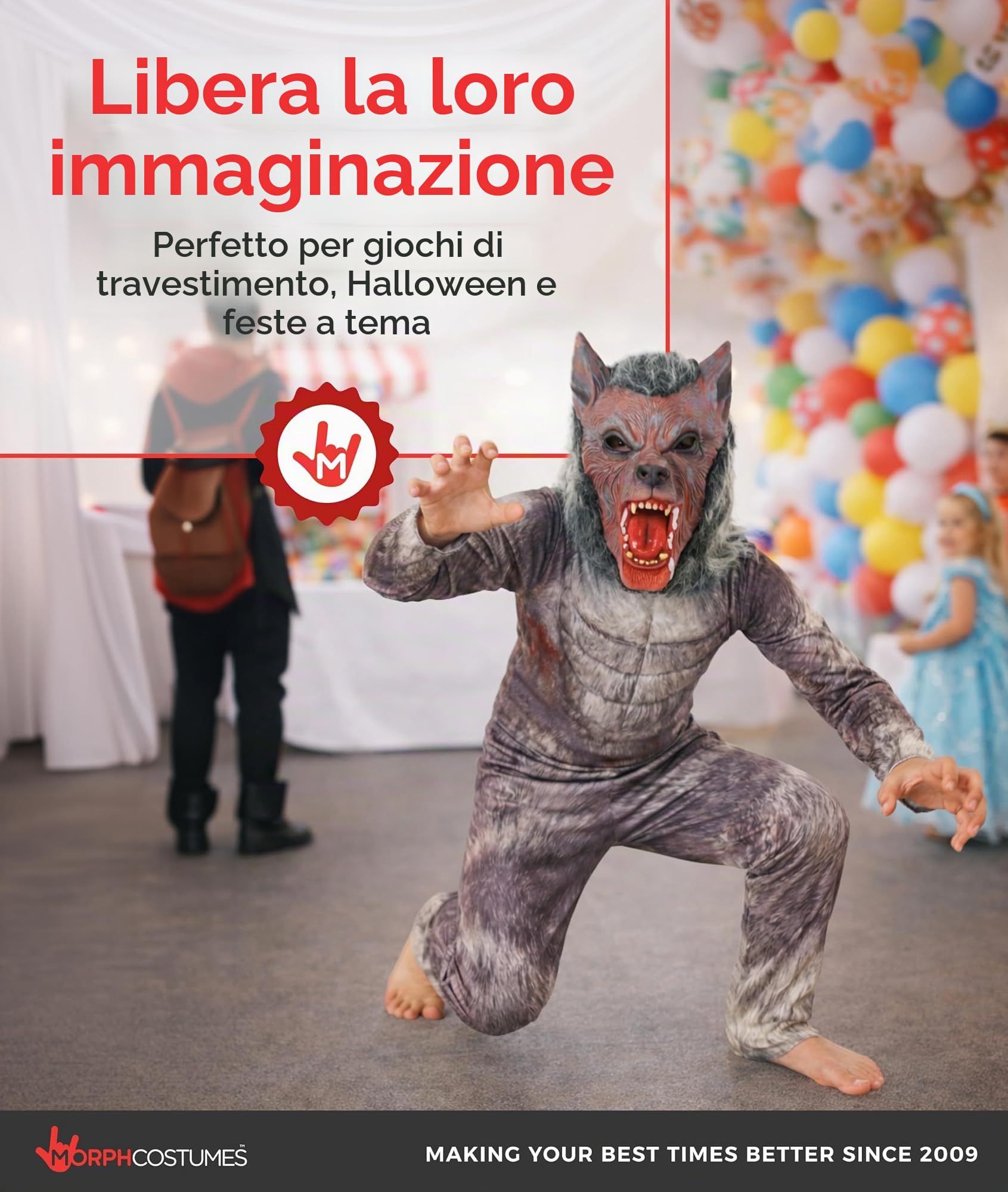 Morph Costume Lupo Mannaro Bambino - Vestito Halloween per Bambina e Bambino, Abito da Lupo Mannaro per Feste e Party, M