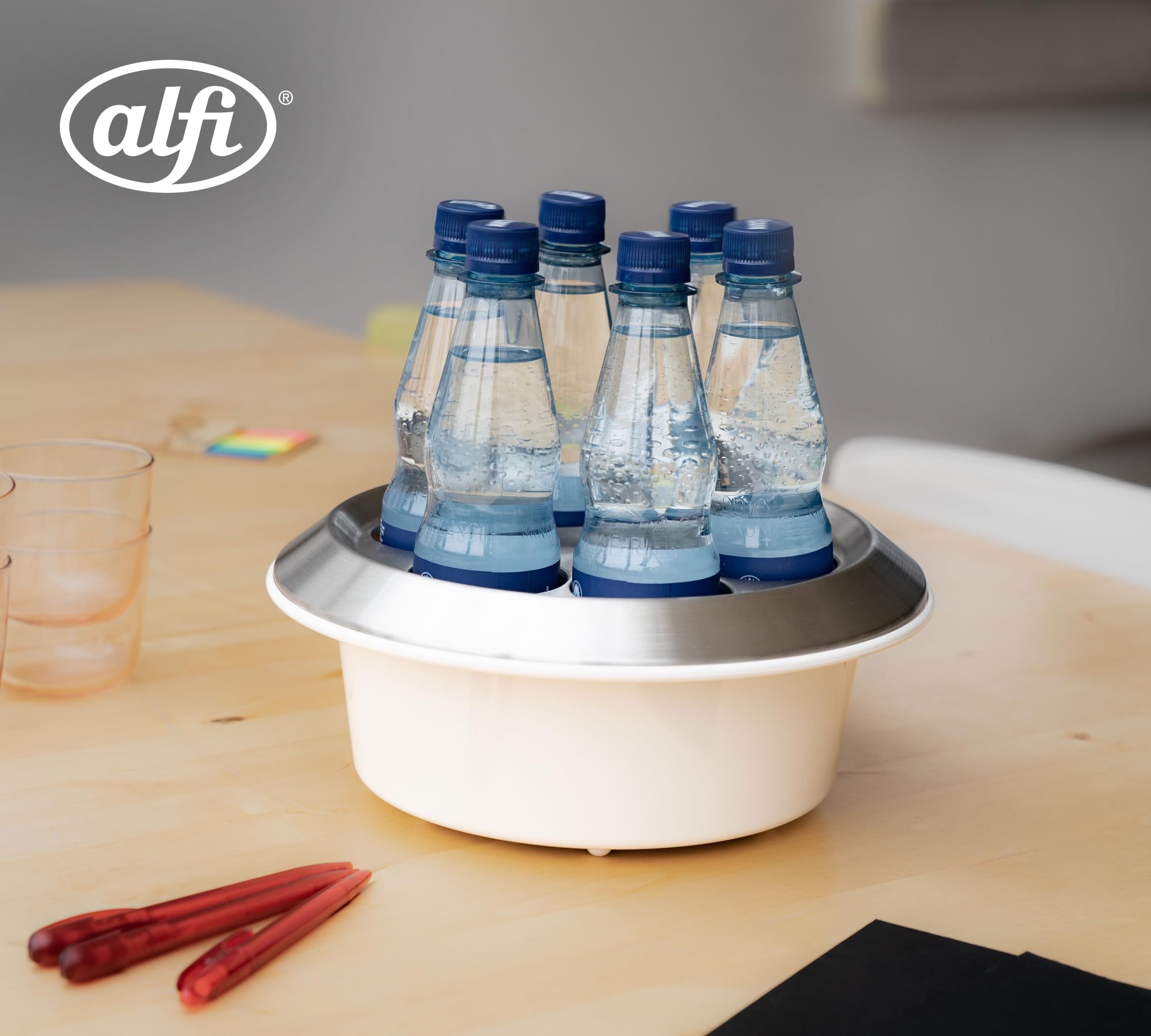 Alfi KONFERENZBOY, Coconut White Mat, Rafraîchisseur pour Conférence, en Plastique avec Couvercle en Inox, Rafraîchisseur de Table pour 6 Bouteilles Contenant Jusqu’à 0,33 l, Refroidissement Actif