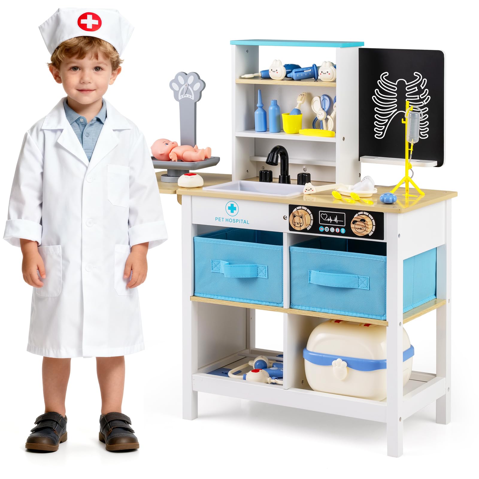 GYMAX Kids Doctor Play Set, Toy Medical Center with Folding Tabletop, Drawers, Blackboard, Pet Scale, Carrying Case & Accessories, Wooden Pretend Hospital Playset for 3+ Years Old (White + Blue)