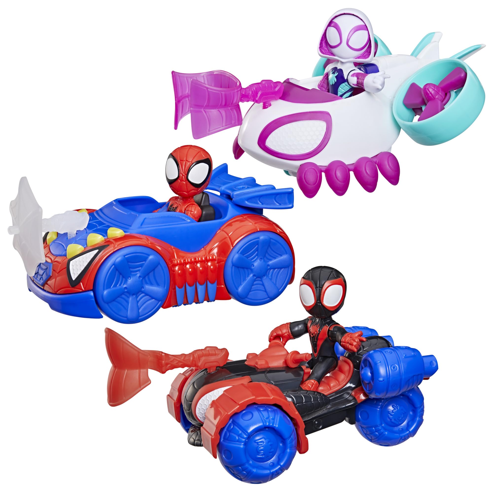 Marvel Spidey and His Amazing Friends, Pack Triple de Figuras y vehículos de Juguete, 3 Figuras articuladas de 7,6 cm, 3 vehículos, 3 Accesorios, Juguetes de superhéroes, A Partir de 3 años
