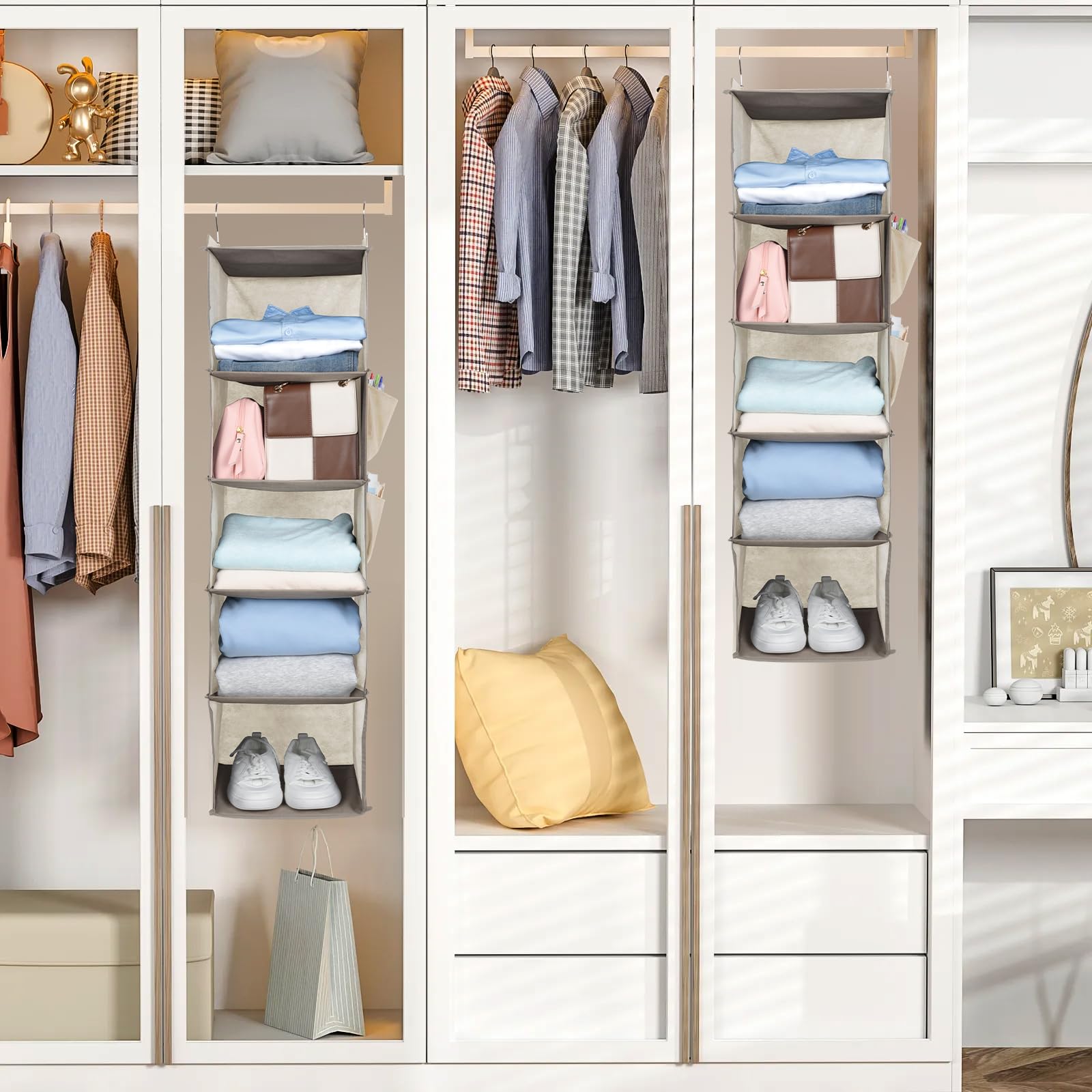 YOUDENOVA Opknoping Opslag 3 Planken Kast Organisatoren en Opslag Opvouwbare Opknoping Planken met Zijzakken Garderobe Organizer voor Kleding Beige