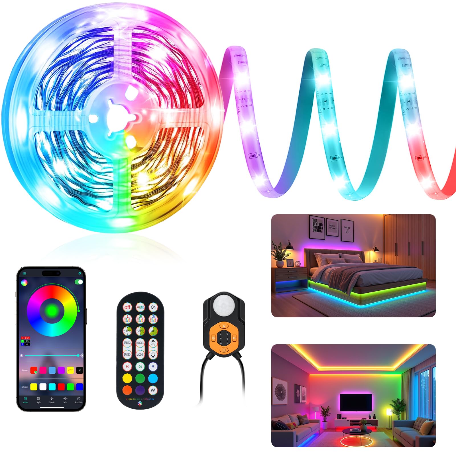 Auplf Motion Sensor 6M Led Strip Light, RGB Sensor Lights 3 Mode Motion Activated Bed Light with Music Sync and Timer for Stairs, Kitchen, Cupboards, Closets, Shelf, Wardrobe
