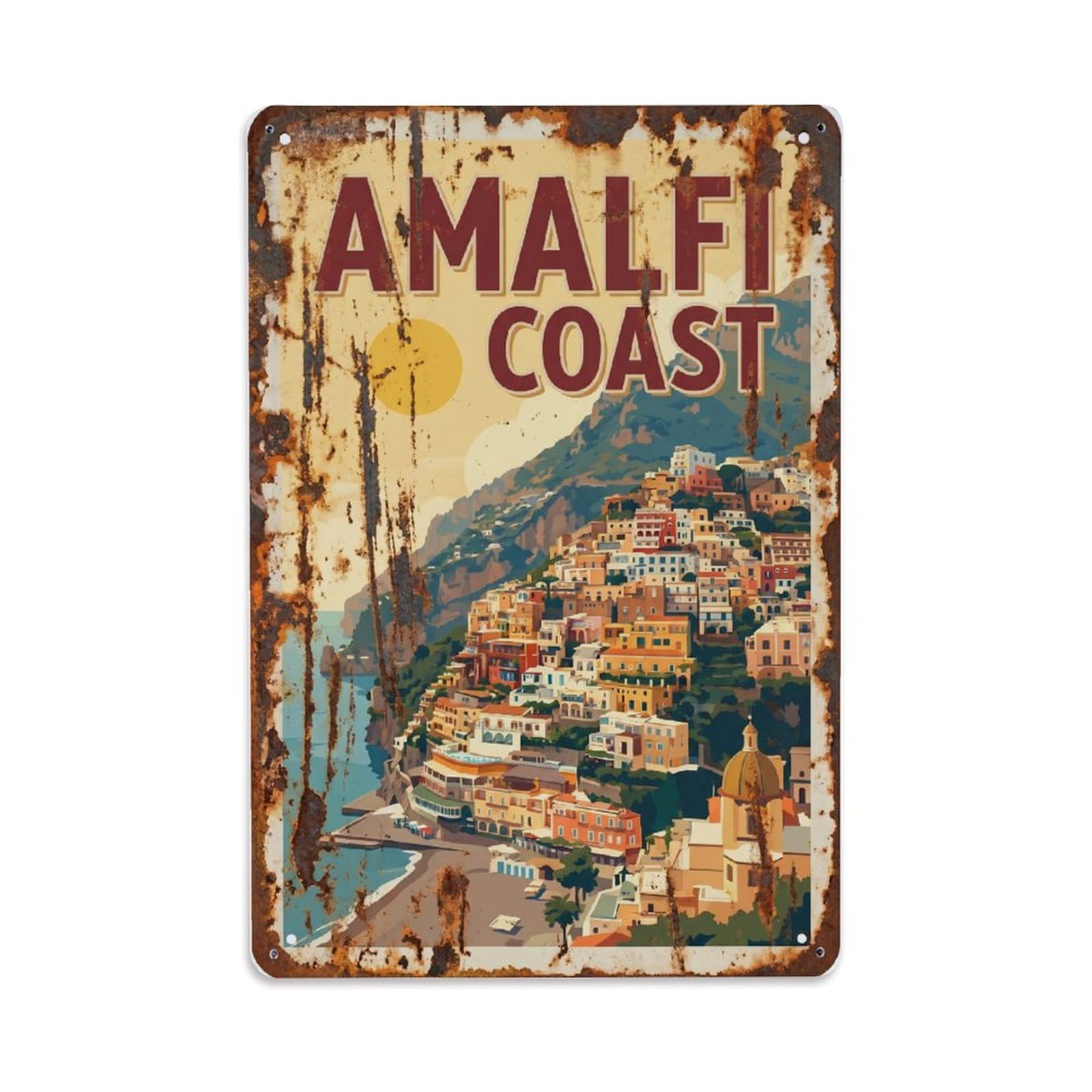 Vintage Travel Panorama Italy Coastal Metal Tin Sign Plaque Wall Decor for Cafe, Club Bar, Office, Home Garden Metal Poster 8x12Inch