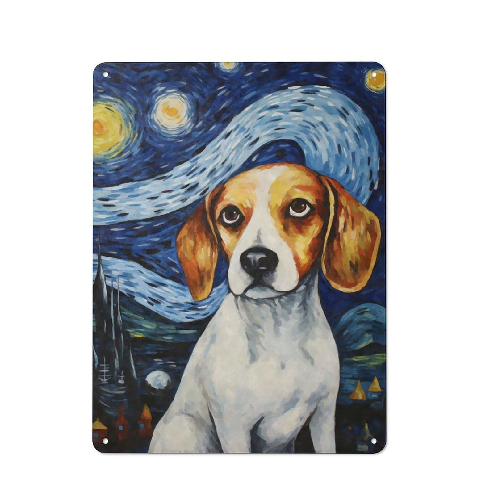 Junmoney Style-4 Beagle Dog Starry Night Cottage Style Metal Wall Decor 40X30cm, Tin Wall Plaque For Kitchen, Cottage, Porch Or Garden Room