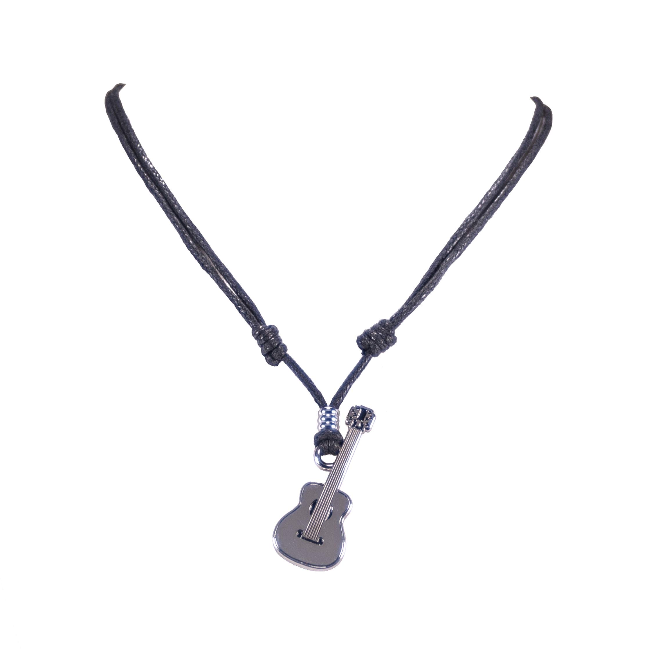 BlueRica Guitar Pendant on Adjustable Black Rope Cord Necklace (Chrome Finish)
