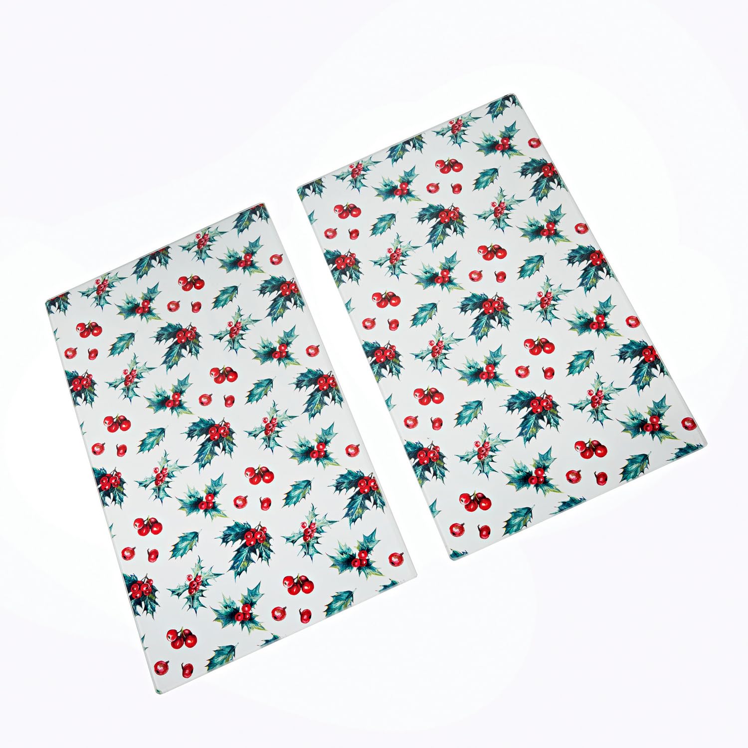 3 PAGEN Lot de 2 cache-plaques de cuisson en verre trempé - Motif Ilex de Noël - Pieds antidérapants - Idéal comme dessous de verre, couverture ou planche à découper