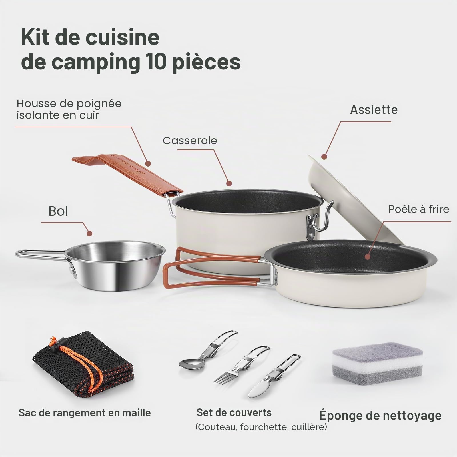 Odoland Lot de 10 ustensiles de cuisine de camping antiadhésifs légers avec assiettes, bols, fourchettes, couteaux et cuillères – Parfait pour la randonnée, le camping et les pique-niques