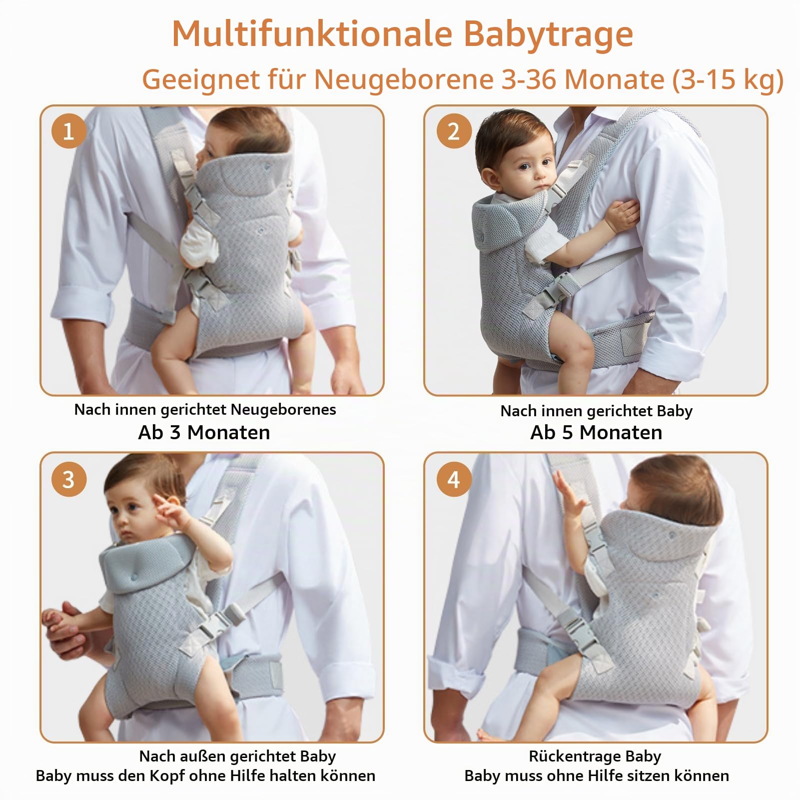 IULONEE Babytrage für Neugeborene Ergonomic Tragetaschen für Kleinkinder Babytrage ab Geburt Tragetuch Baby Carrier Vorder Rückseite Tragetasche für Neugeborene 3-36 Monate (Hellgrau)