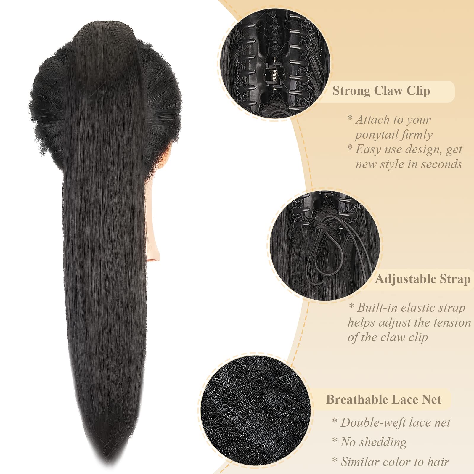 Gairyan 22" Ponytail Extension Clip in Ponytail Hair Extensions Black Straight Pony Tails Claw on Ponytail Long Wave Synthetic Hairpieces for Women Soft - Image 2