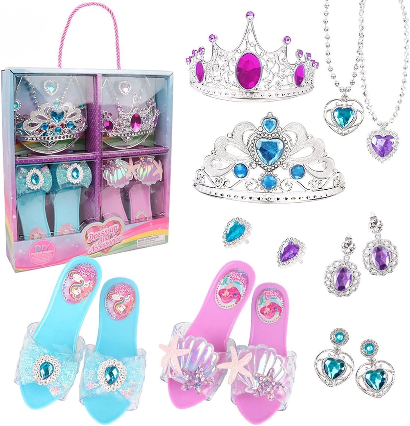 REVHQ Princess Dress Up Toys & Jewelry Boutique, Christmas Princess Costumes Set incl Color Skirts, Shoes, Crowns