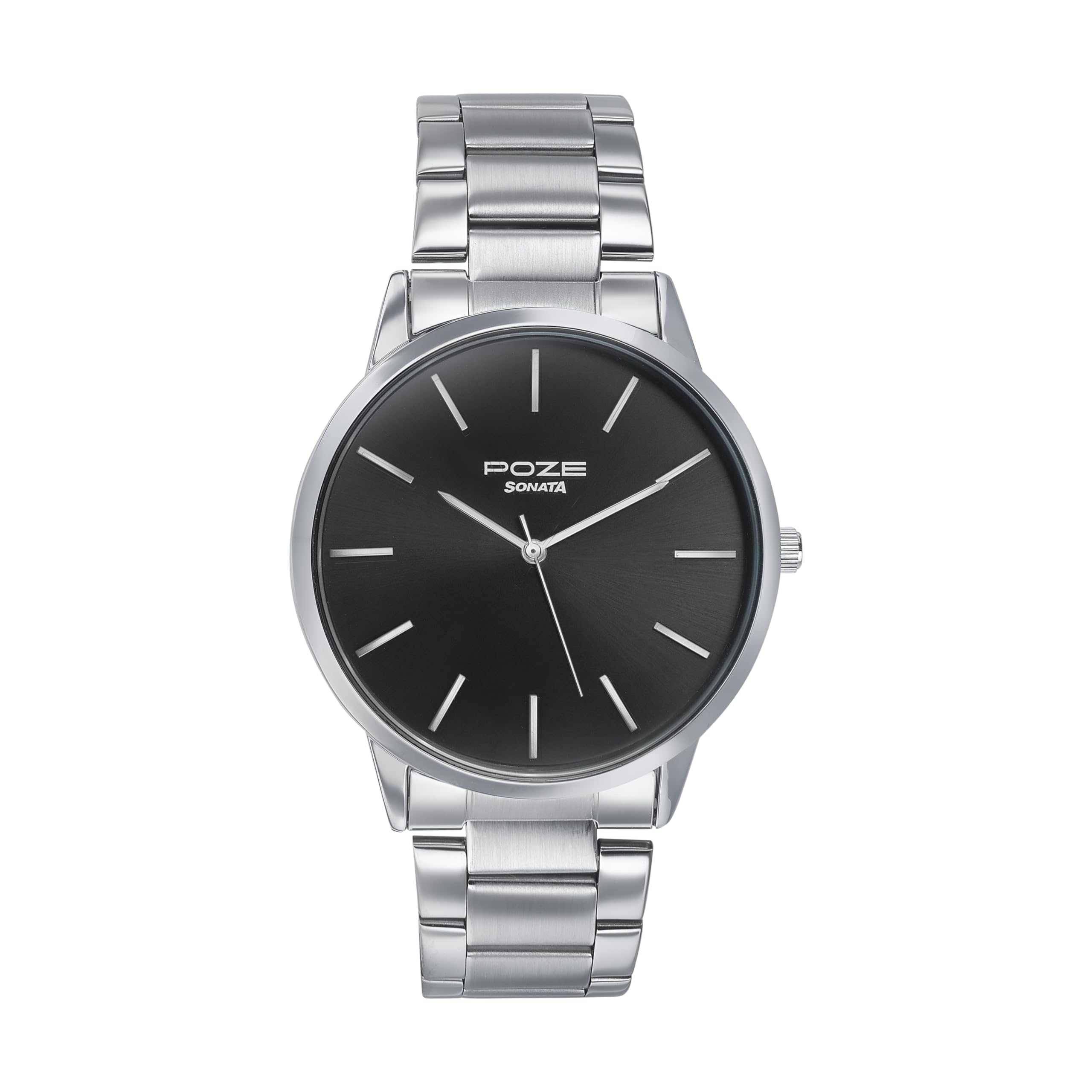 Sonata Poze Quartz Black Dial Silver Metal Strap for Men-SP70045SM01W-image-5