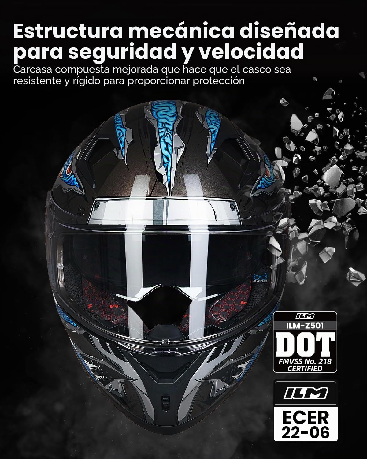 ILM Casco Moto Integral para Hombre y Mujer-Casco Moto con 2 Visores Compatible con Pinlock Transparente y Tintado-Street Bike Motocross Casco DOT&ECE Modelo Z501, Manta Blue, L
